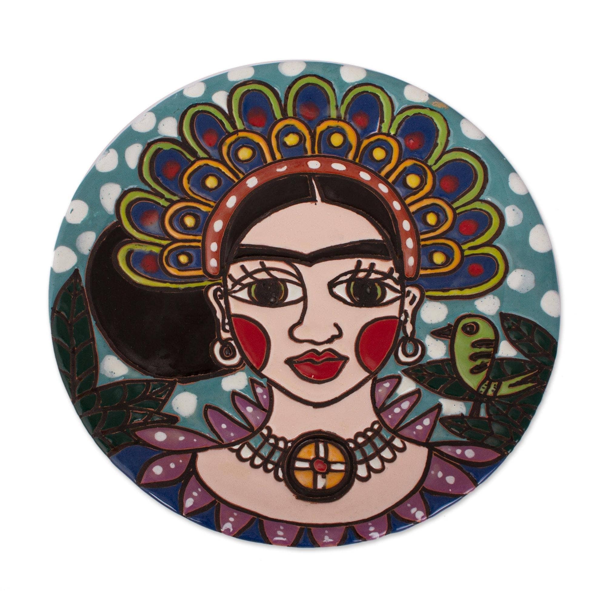 Handmade Plumed Frida Ceramic Wall Art Mexico