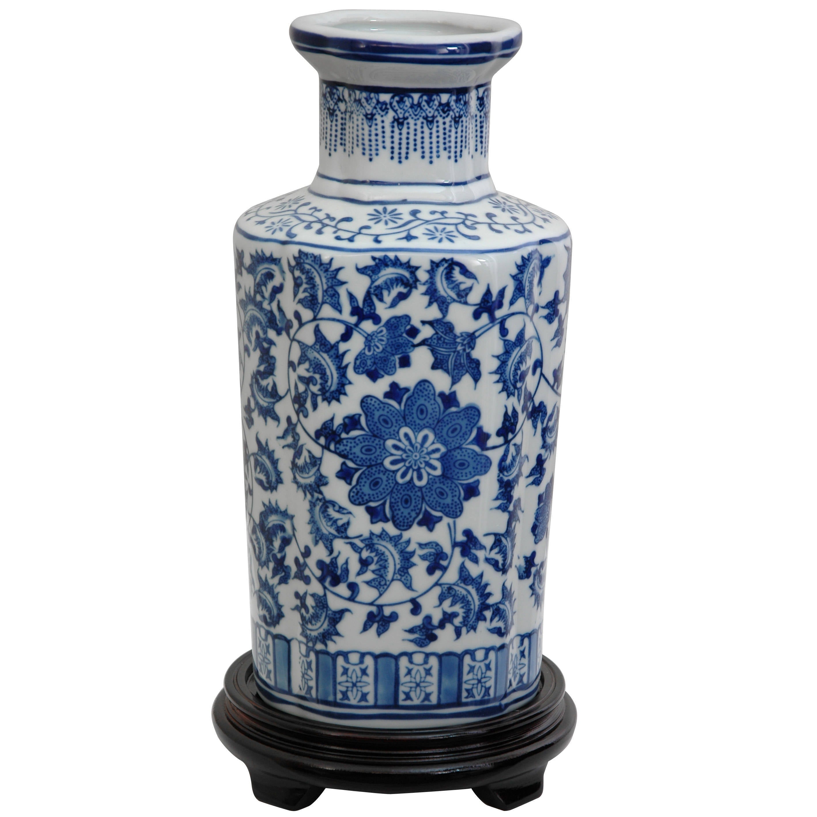Handmade Porcelain 12 Inch High Blue And White Floral Vase China