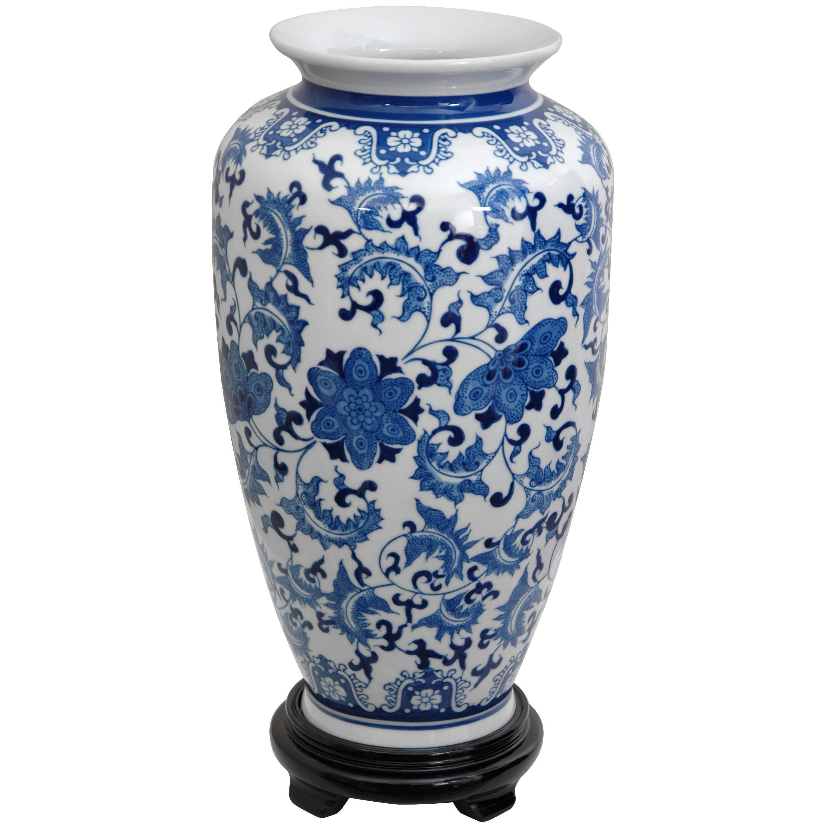 Handmade Porcelain 14 Inch Blue And White Floral Tung Chi Vase China