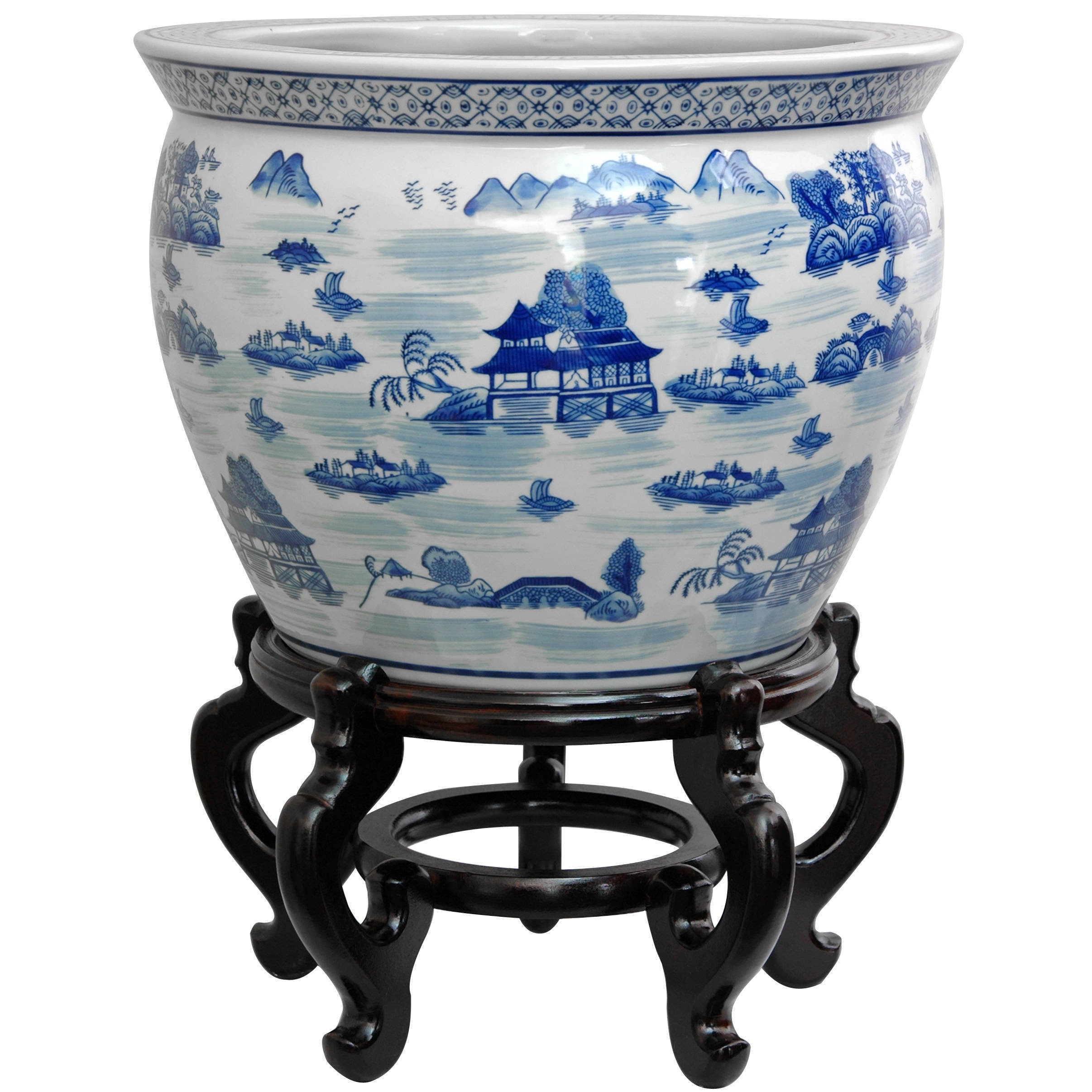 Handmade Porcelain 14 Inch Blue And White Landscape Fishbowl China