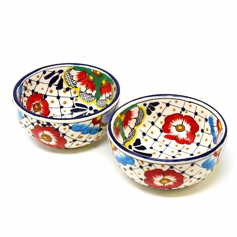 Global Crafts Encantada Handmade Pottery 5.5 Set Of 2 Bowls Dots Flowers
