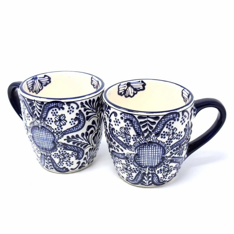 Global Crafts Encantada Handmade Pottery Set Of 2 Mugs Blue Flower
