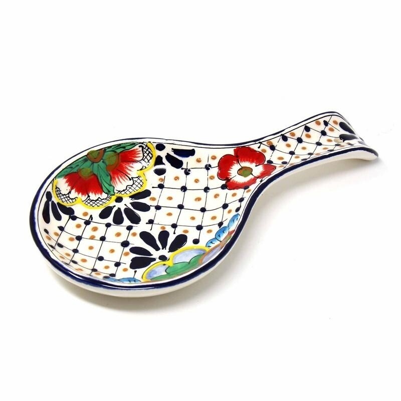 Global Crafts Encantada Handmade Pottery Spoon Rest Dots Flowers