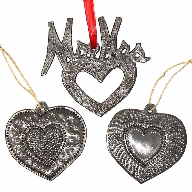 Handmade Recycled Haitian Metal Art Mr Mrs Heart Ornaments Set Of 3