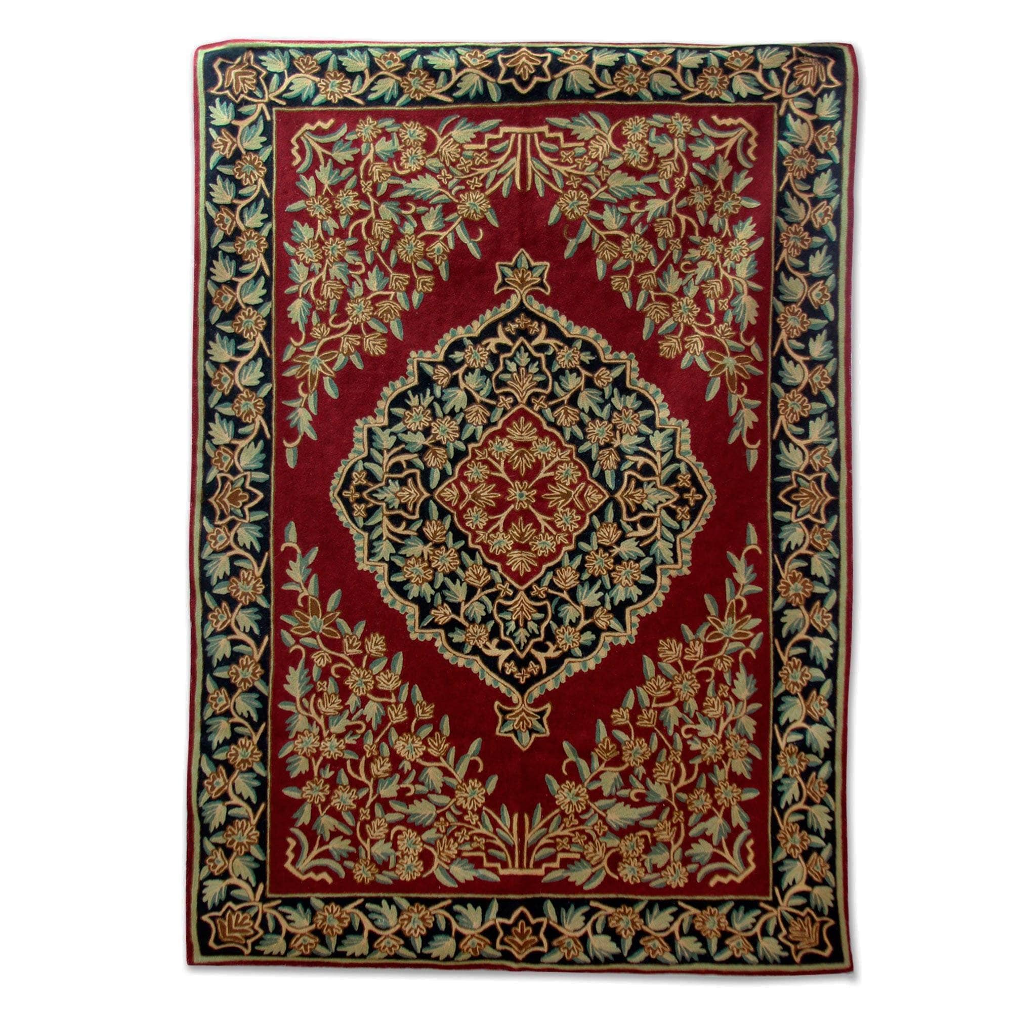 Handmade Red Mughal Garden Chain Stitched Wool Rug India Big