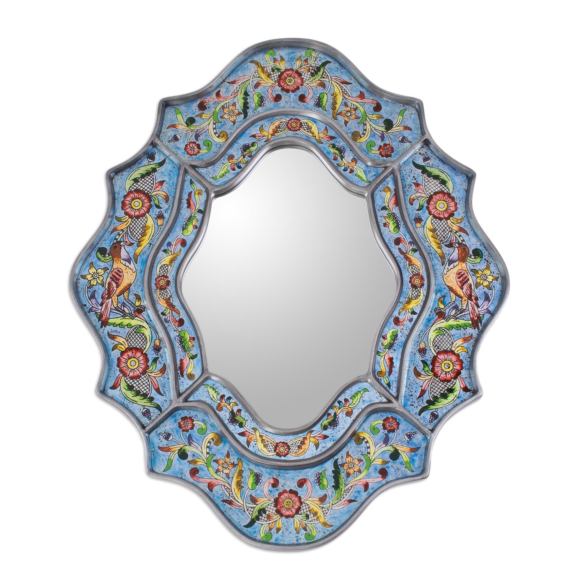 Handmade Revers Painted Bright Blue Sky Flower Mirror Peru N A