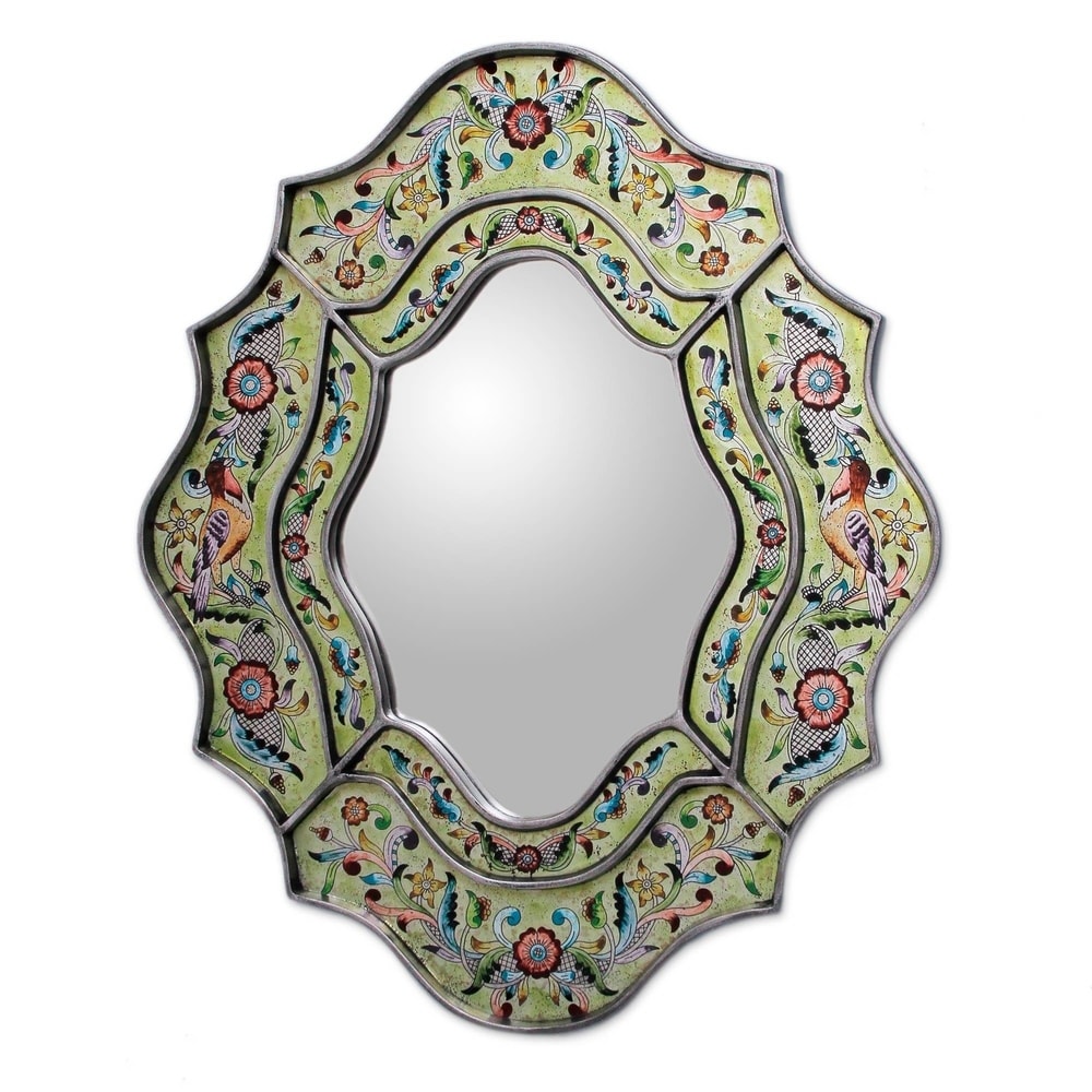 Verdant Spring Artisan Designer Reverse Painted Glass Handmade Flowers Birds Green Blue Yellow Red Accent Wall Mirror Peru