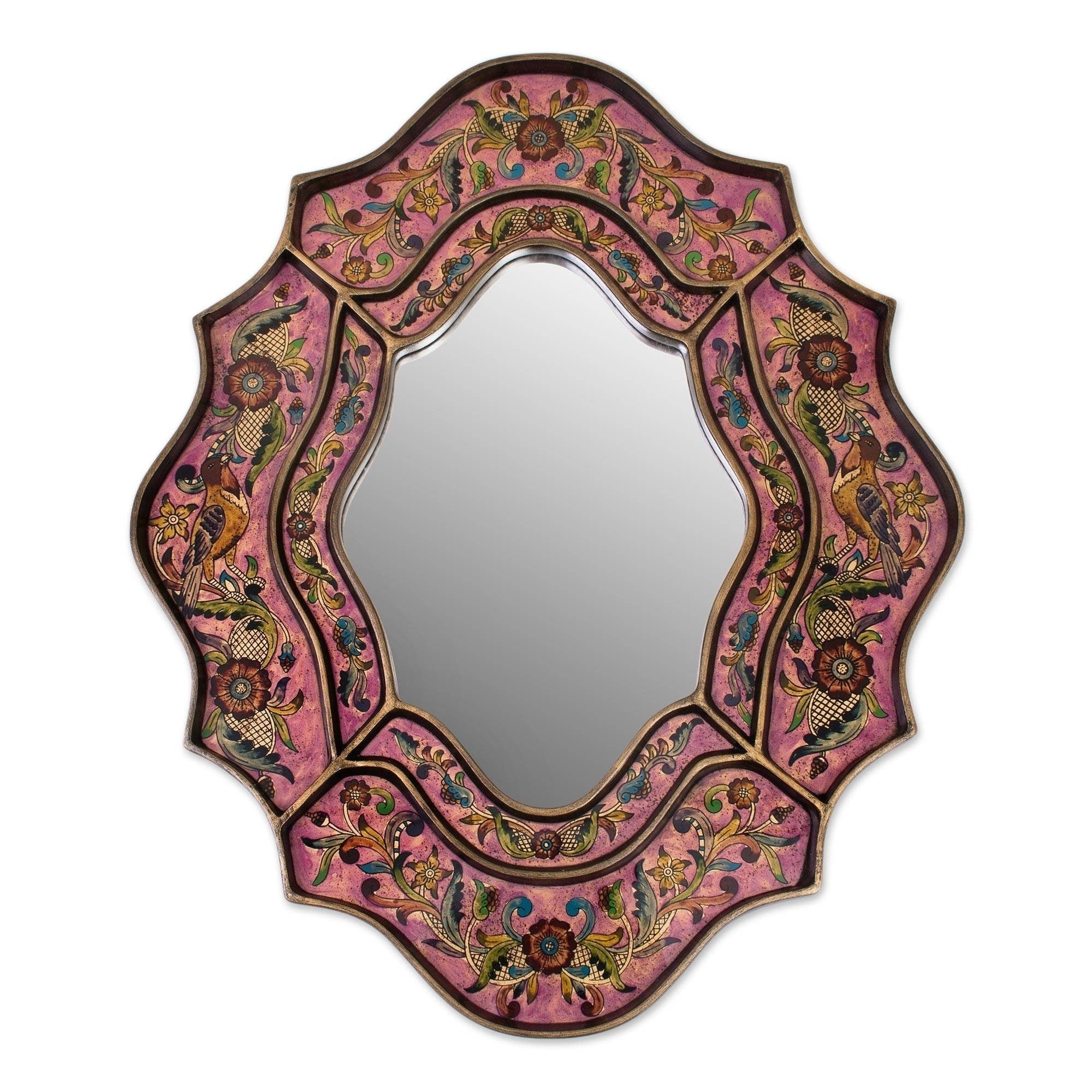 Romance Artisan Designer Decor Reverse Painted Glass Handmade Flowers Birds Gold Green Blue Yellow Red Accent Wall Mirror Peru