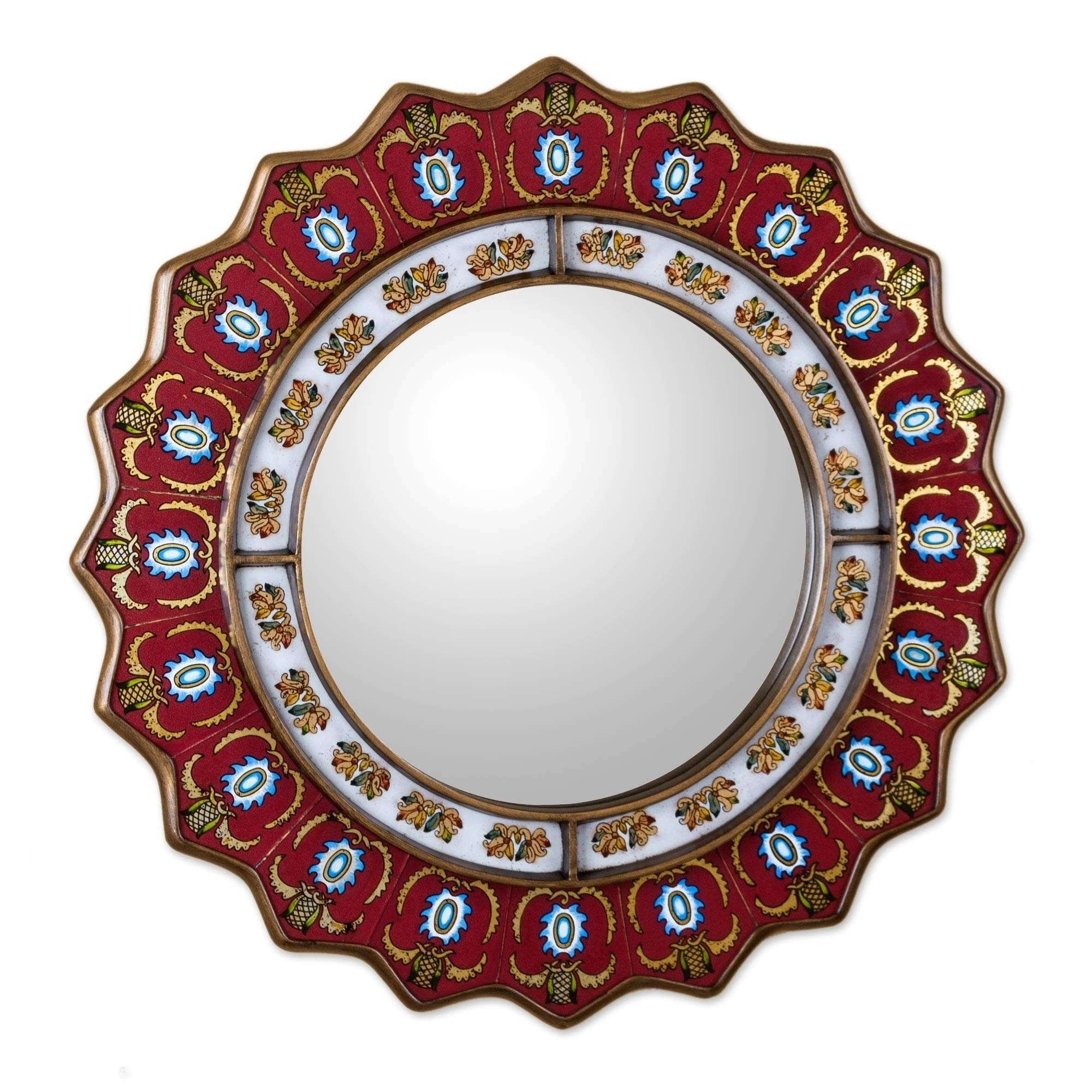 Handmade Ruby Medallion Reverse Painted Glass Red Mirror Peru