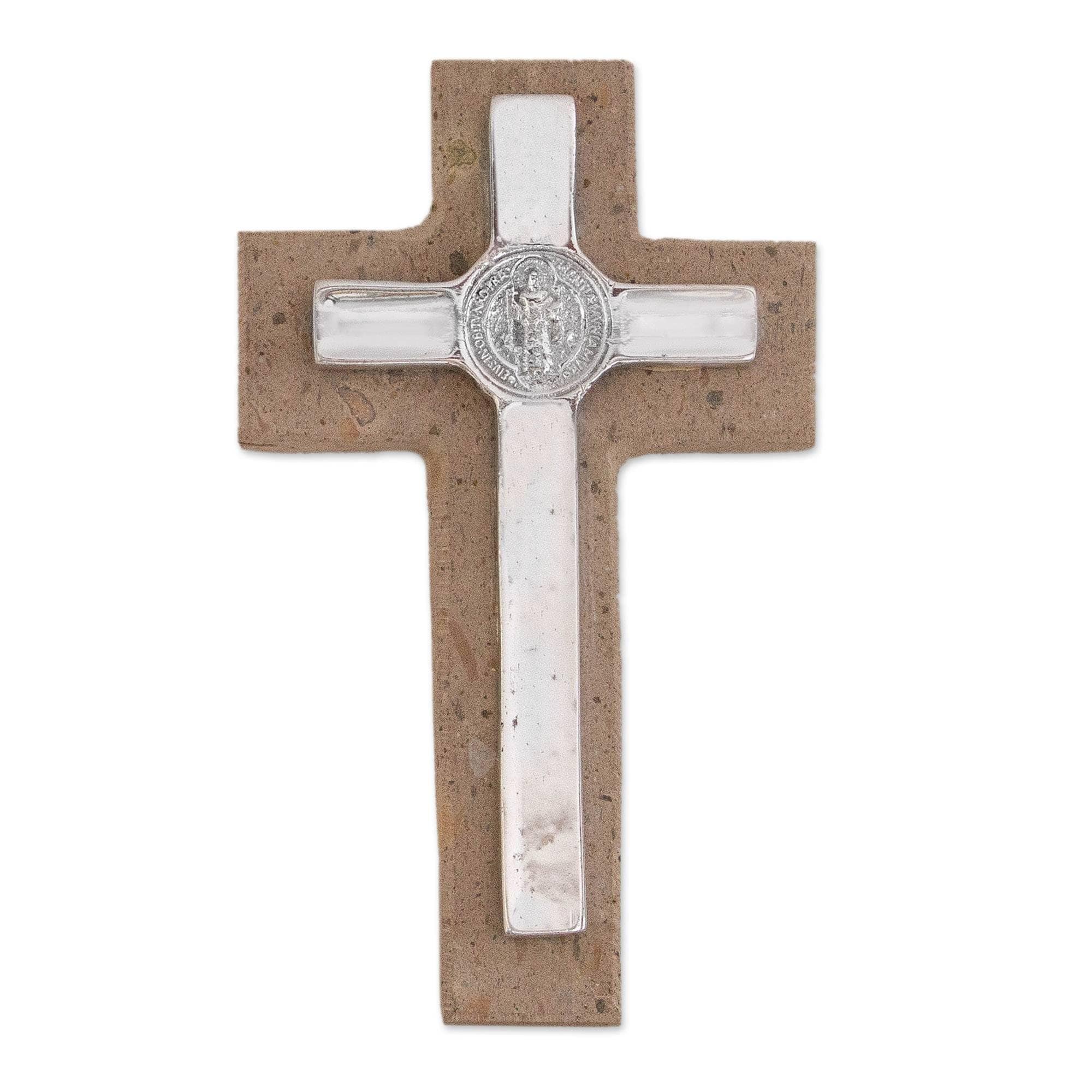 Handmade Saint Benedict Pewter And Reclaimed Stone Wall Cross Mexico 8.25 H X 4.8 W X 1.1 D