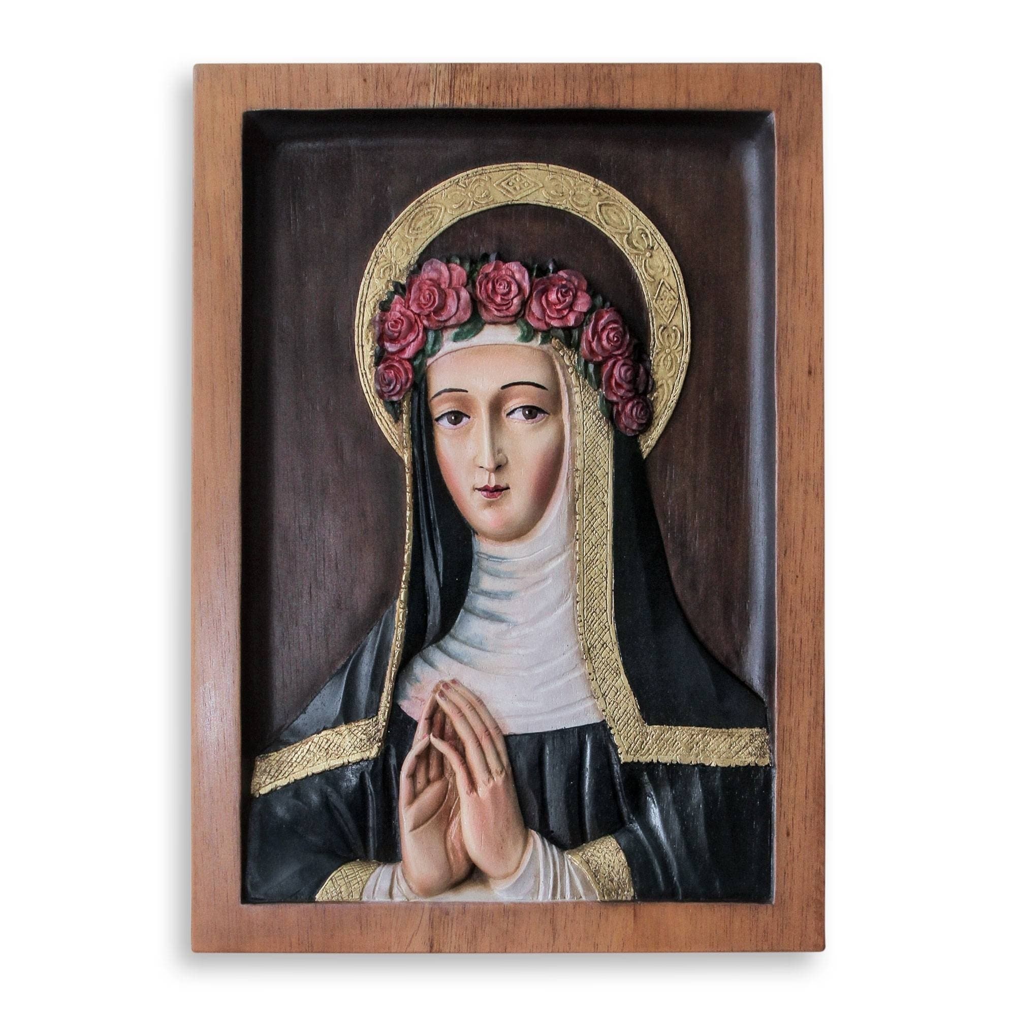 Handmade Saint Rose Of Lima Cedar Relief Panel Peru