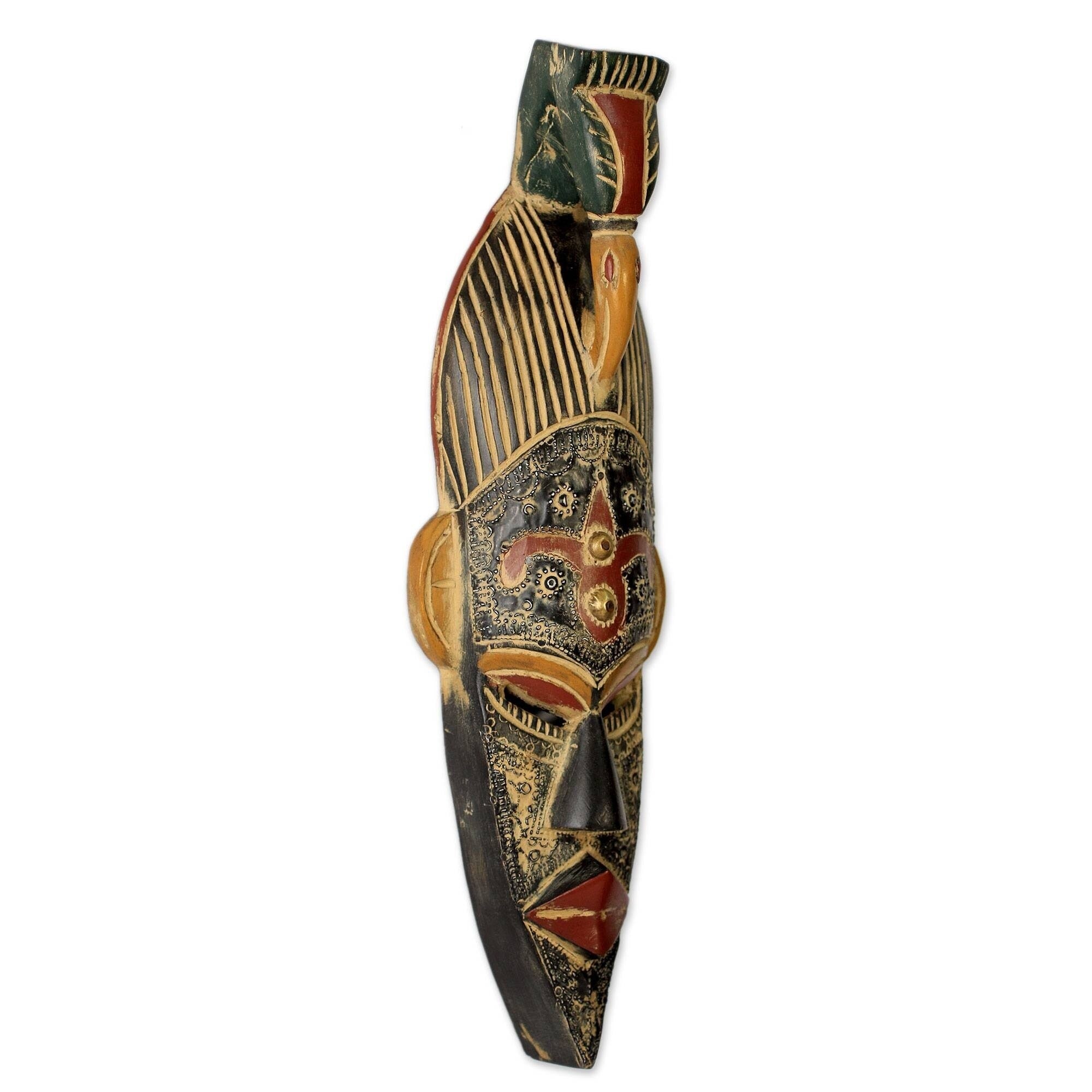 Handmade Sese Wood Flying Bird African Mask Ghana Multi Color
