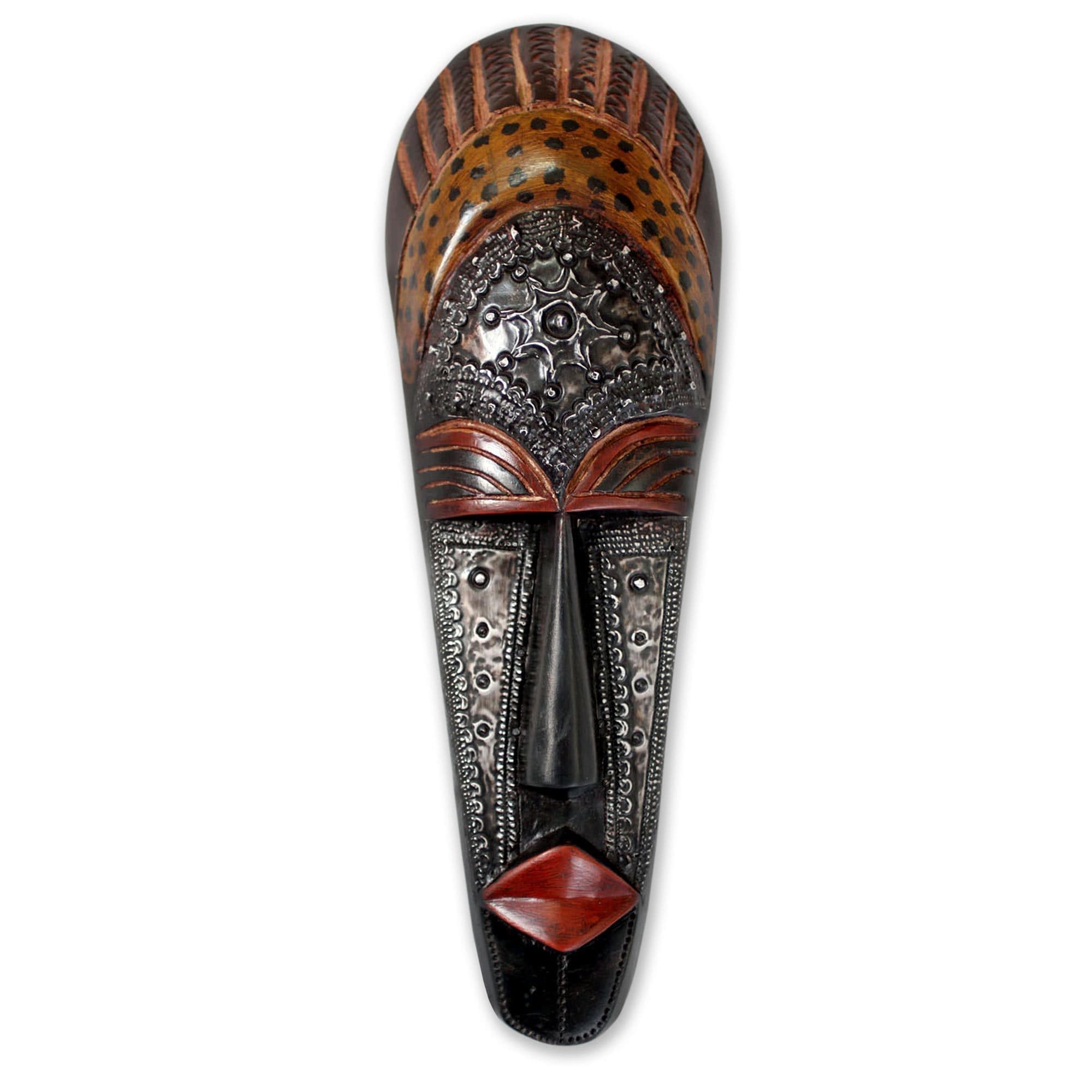 Handmade Sese Wood Queen Aura Poka Mask Ghana Black Yellow