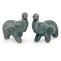 Handmade Set Of 2 Celadon Ceramic Lucky Blue Elephants Figurines Thailand