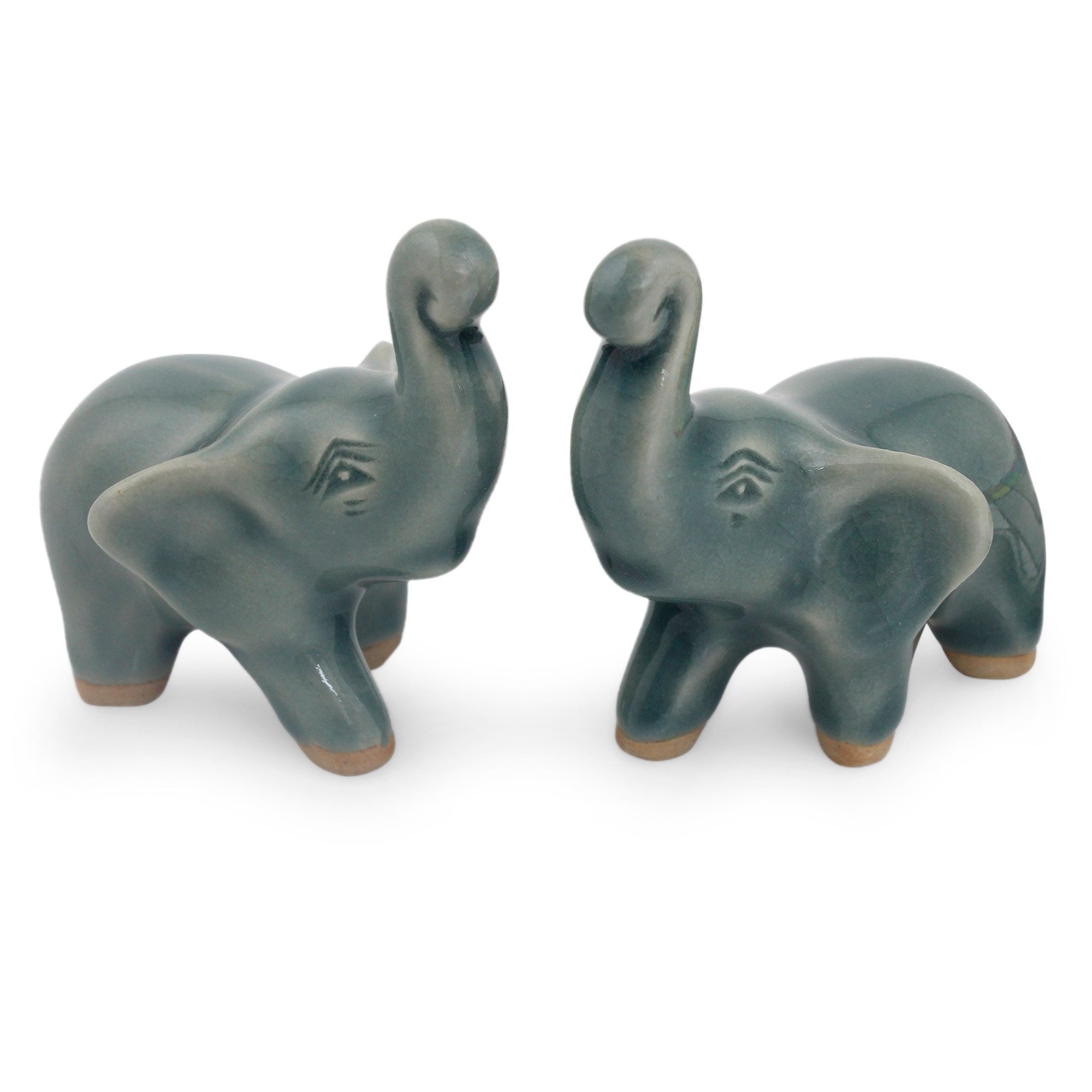 Handmade Set Of 2 Celadon Ceramic Lucky Blue Elephants Figurines Thailand