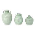 Handmade Set Of 3 Sawankhalok Meadows Celadon Ceramic Vases Thailand
