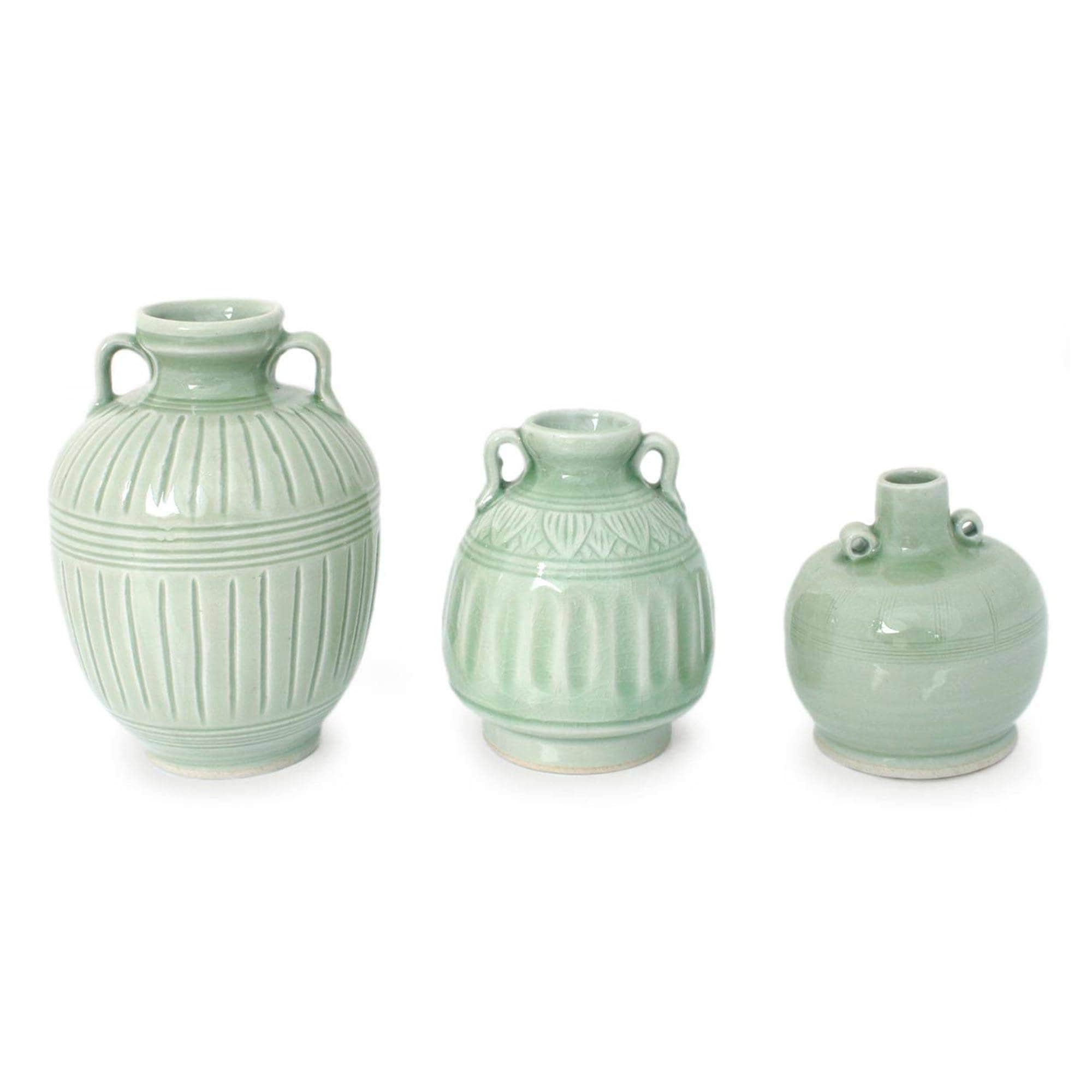 Handmade Set Of 3 Sawankhalok Meadows Celadon Ceramic Vases Thailand