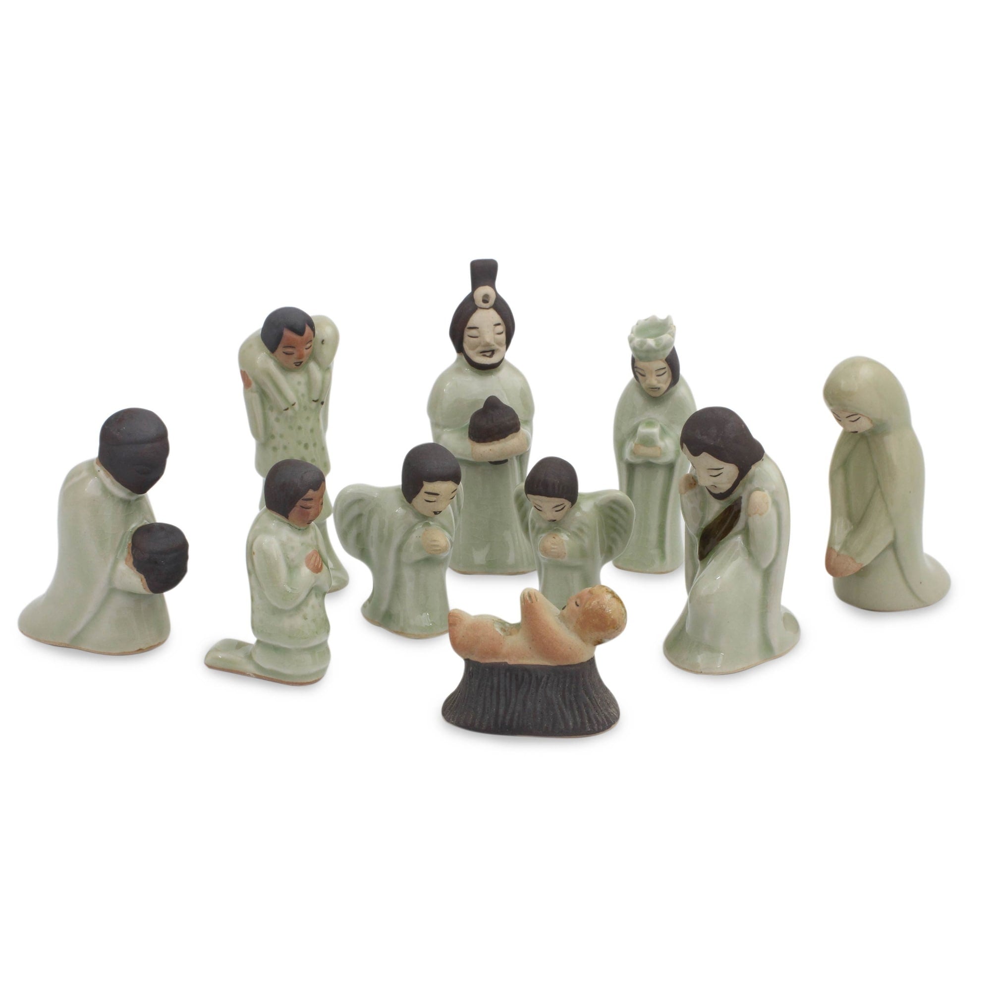 Handmade Siam Holy Birth In Green Celadon Ceramic Nativity Scene Thailand 22 X 22 X 16