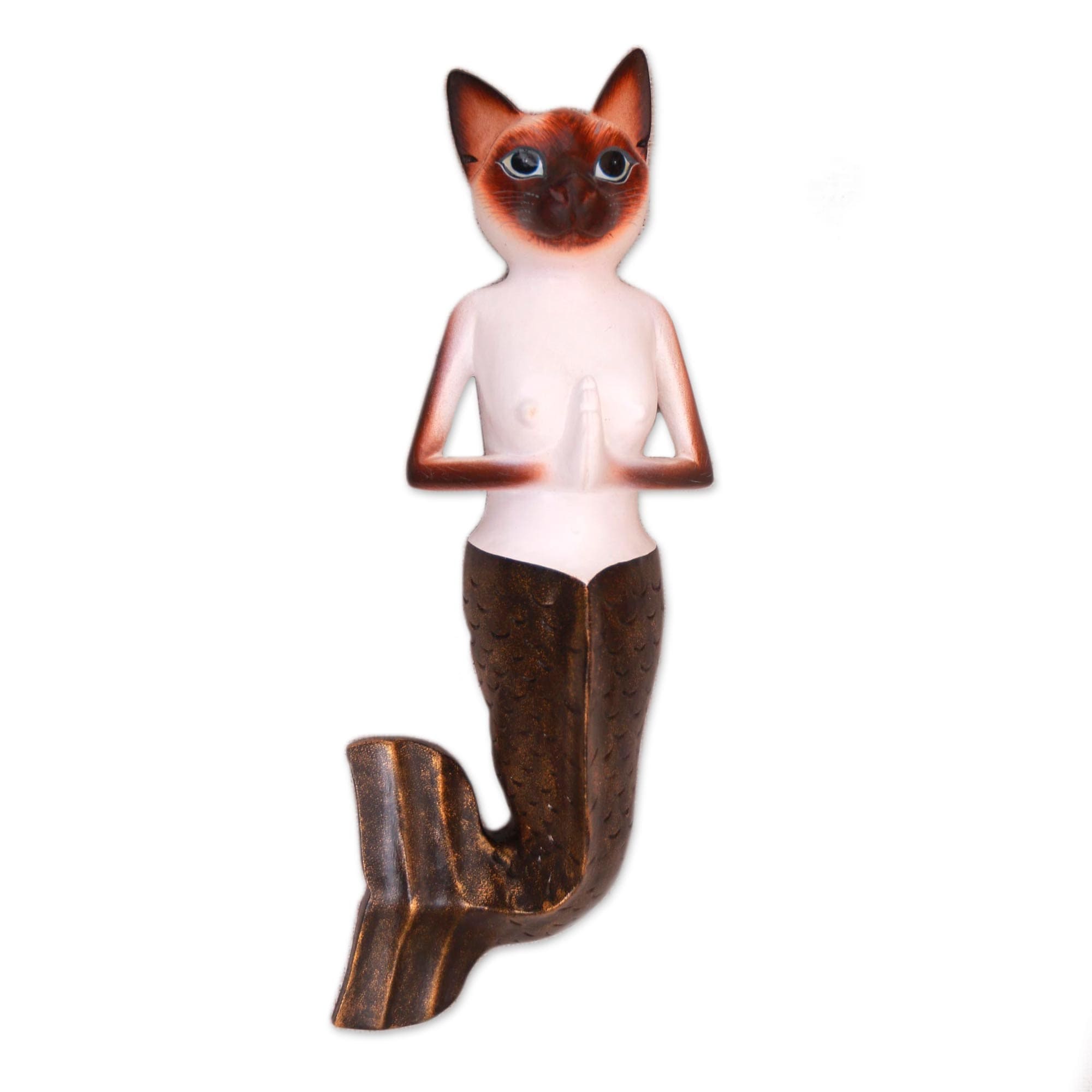 Handmade Siamese Mermaid Cat Wood Wall Sculpture Indonesia