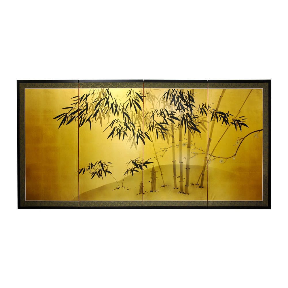 Handmade Silk And Wood 24 Inch Gold Leaf Bamboo Wall Hanging Screen China