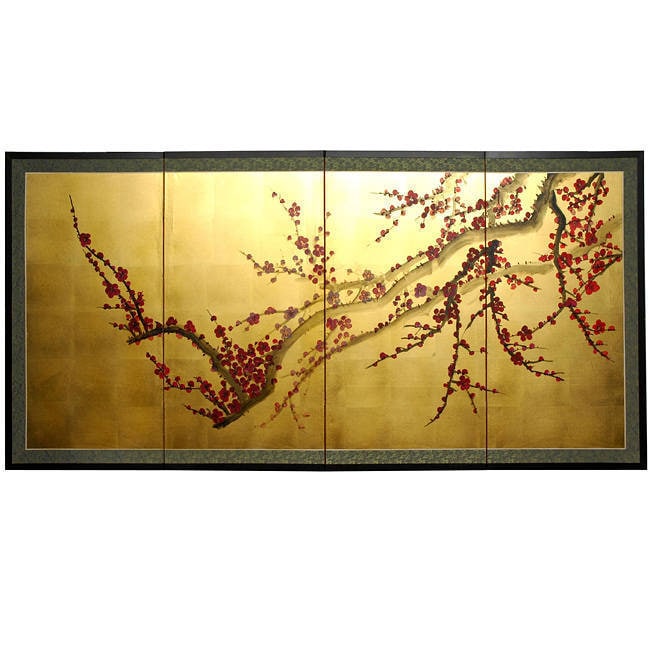 Handmade Silk And Wood 36 Inch Plum Tree On Gold Leaf Wall Hanging China