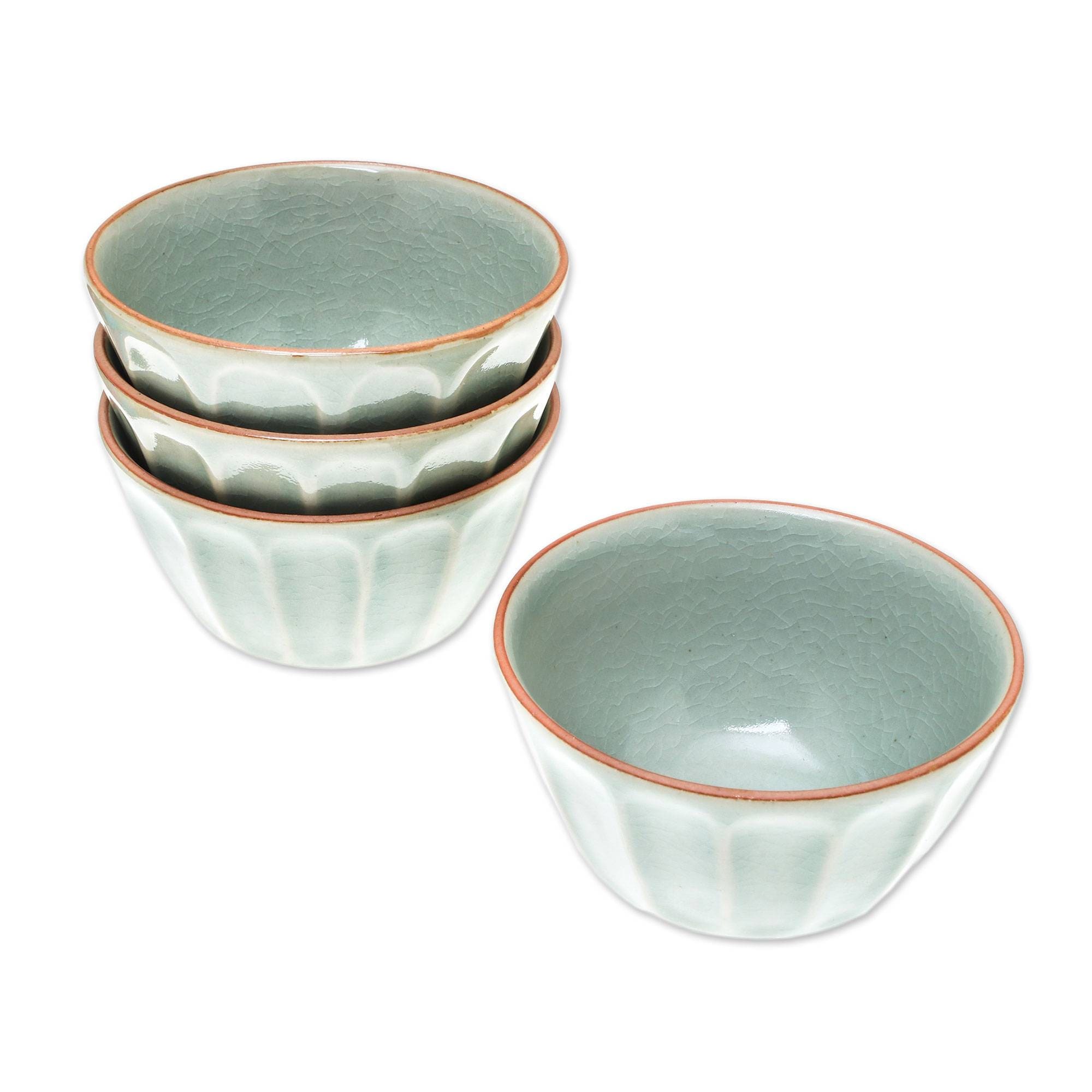 Handmade Simple Thai Celadon Ceramic Bowls Set Of 4 Thailand 2.8 H X 4.7 Diam.
