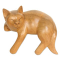 Handmade Smiling Cat Relaxes Wood Sculpture Indonesia 22 X 19 X 16