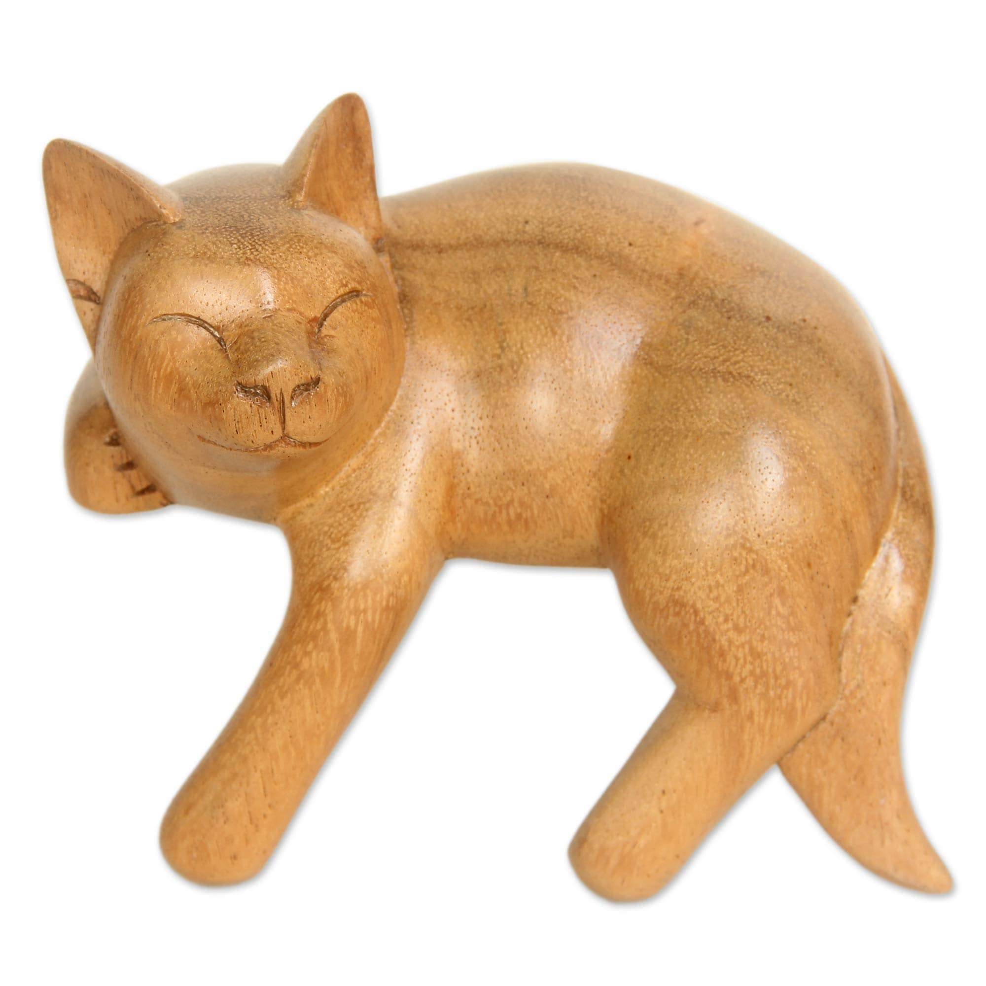 Handmade Smiling Cat Relaxes Wood Sculpture Indonesia 22 X 19 X 16