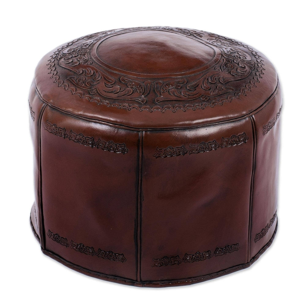 Handmade Spanish Elegance Tooled Leather Ottoman Pouf Peru