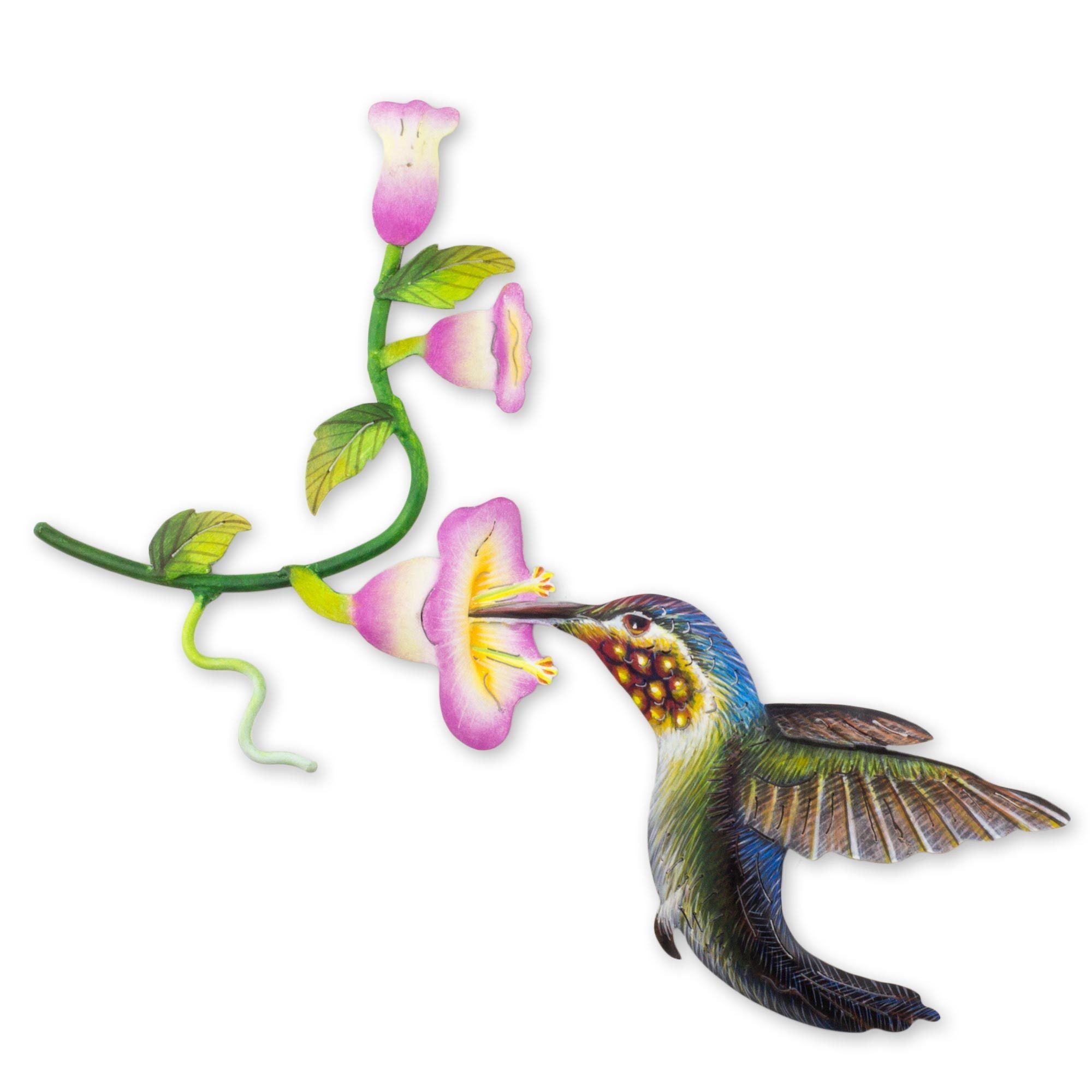 Handmade Steel Hummingbird And Hollyhocks Wall Art Sculpture Mexico