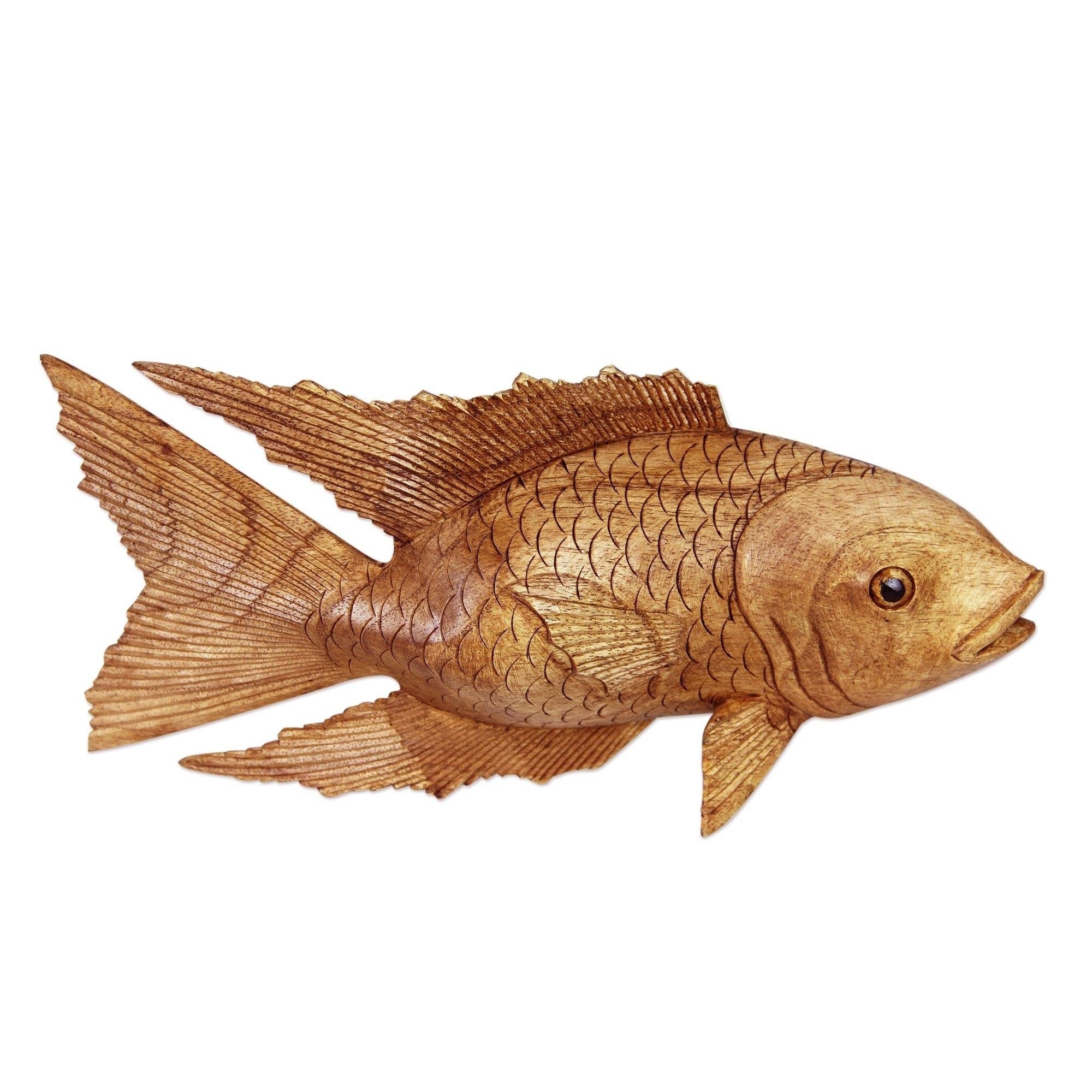 Handmade Suar Wood Goldfish Sculpture Indonesia
