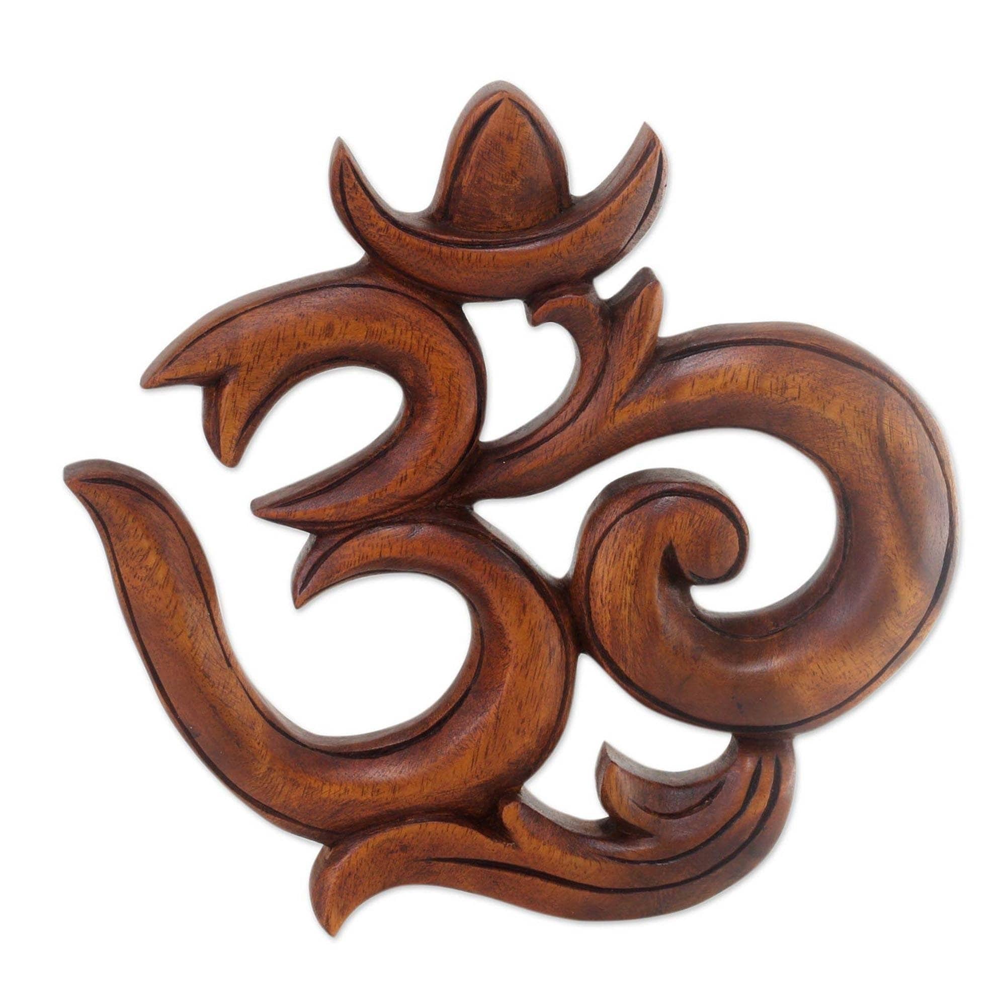 Handmade Suar Wood Sacred Om Wood Relief Panel Indonesia