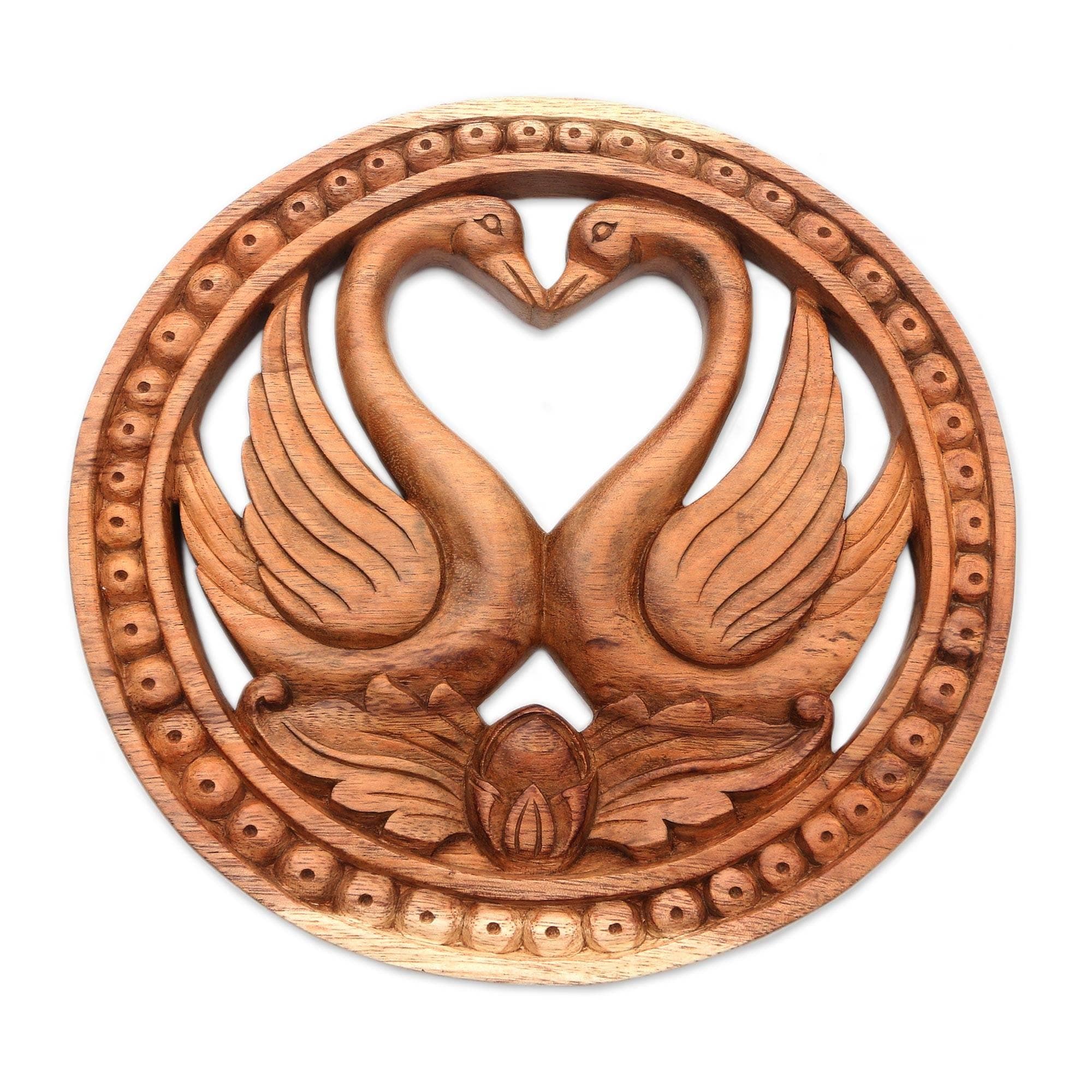 Handmade Swan Romance Wood Relief Panel Indonesia