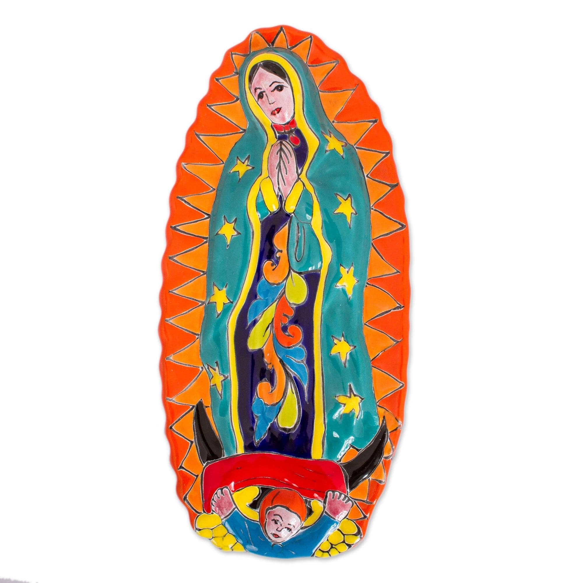 Handmade Talavera Guadalupe In Orange Ceramic Wall Sculpture Mexico