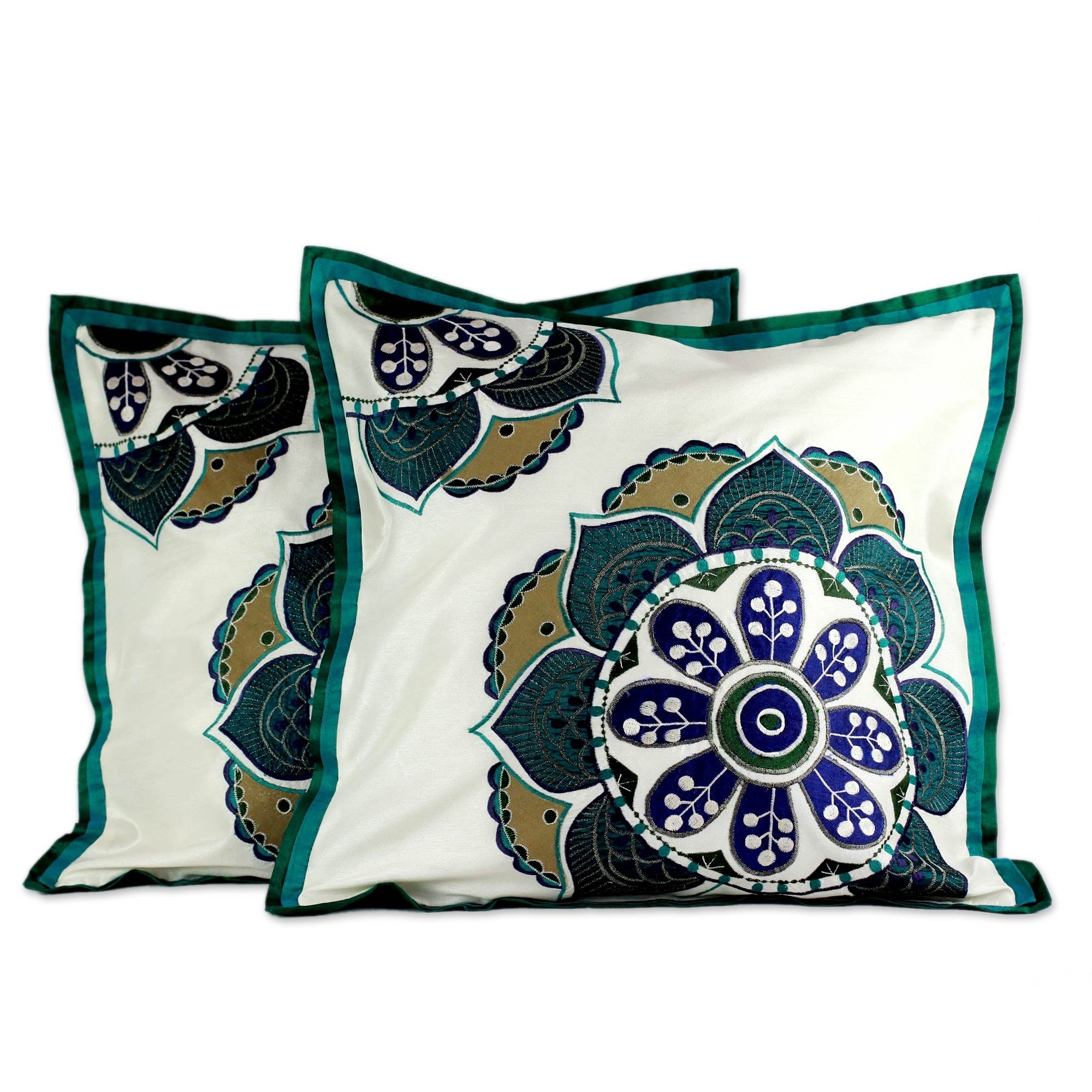 Novica Handmade Teal Bouquet Polyester Applique Cushion Cover Pair India