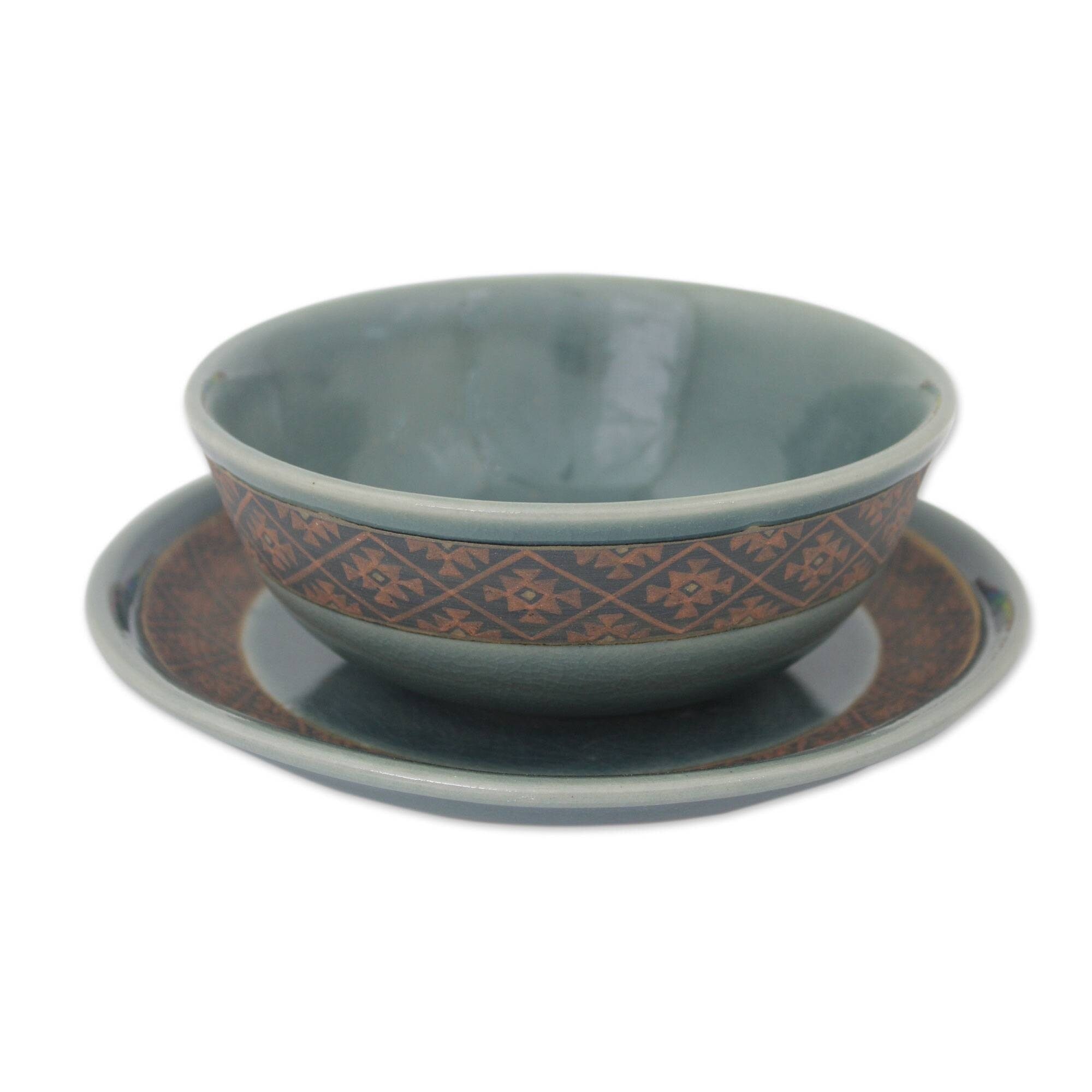 Handmade Thai Weave Inspiration Celadon Ceramic Bowl And Plate Set Thailand 8 X 10