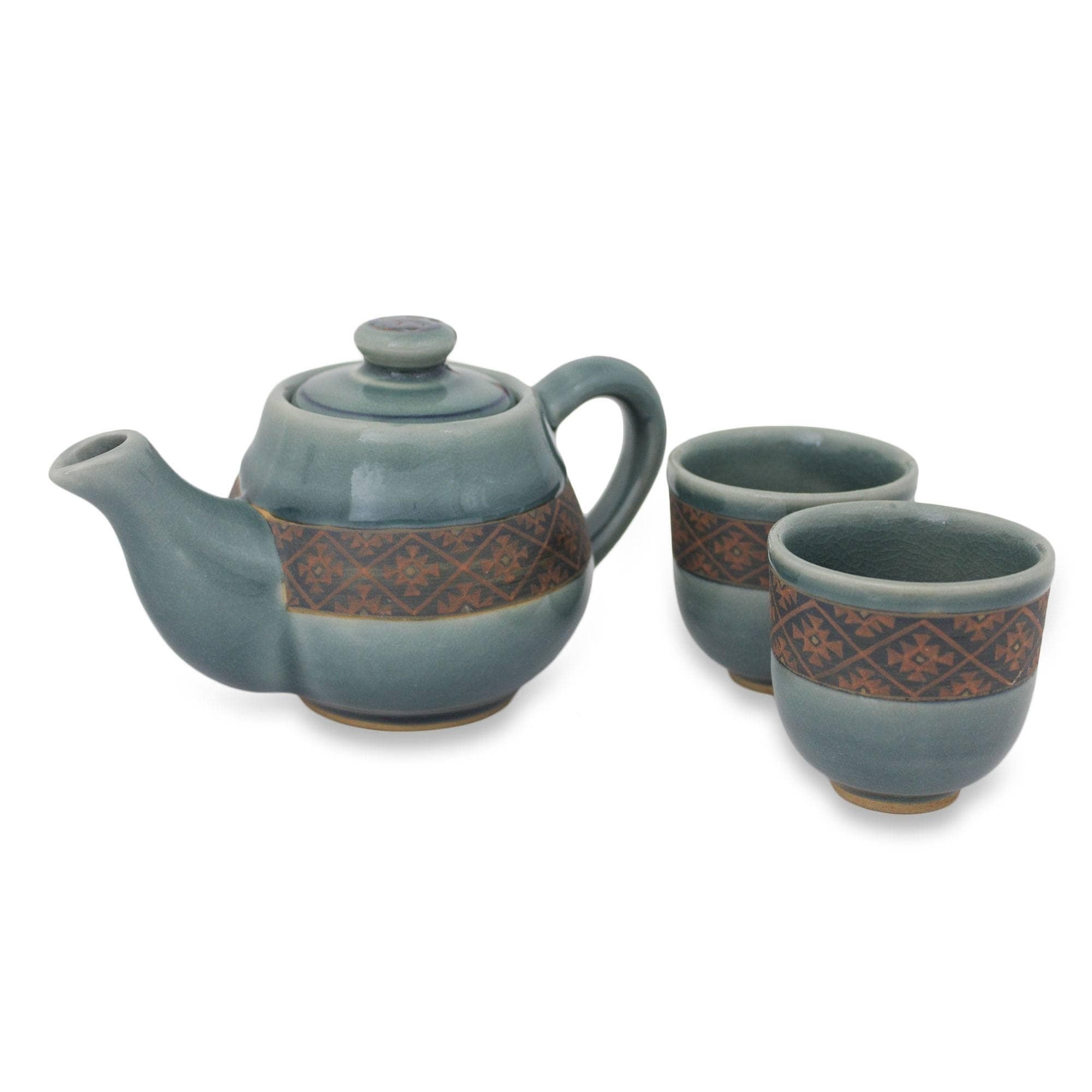 Handmade Thai Weave Inspiration Celadon Ceramic Tea Set Set For 2