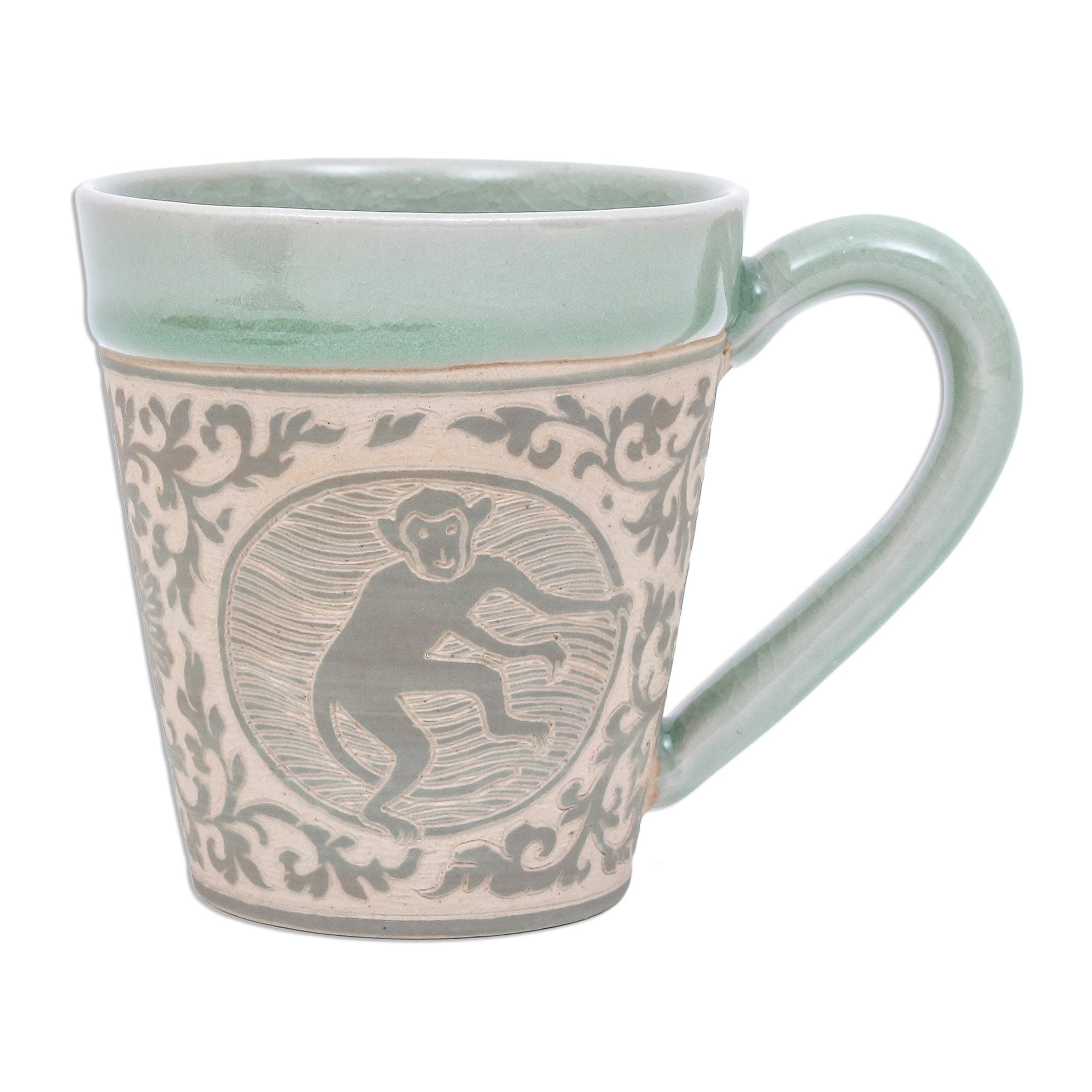 Handmade Thai Zodiac Monkey Celadon Ceramic Mug Thailand