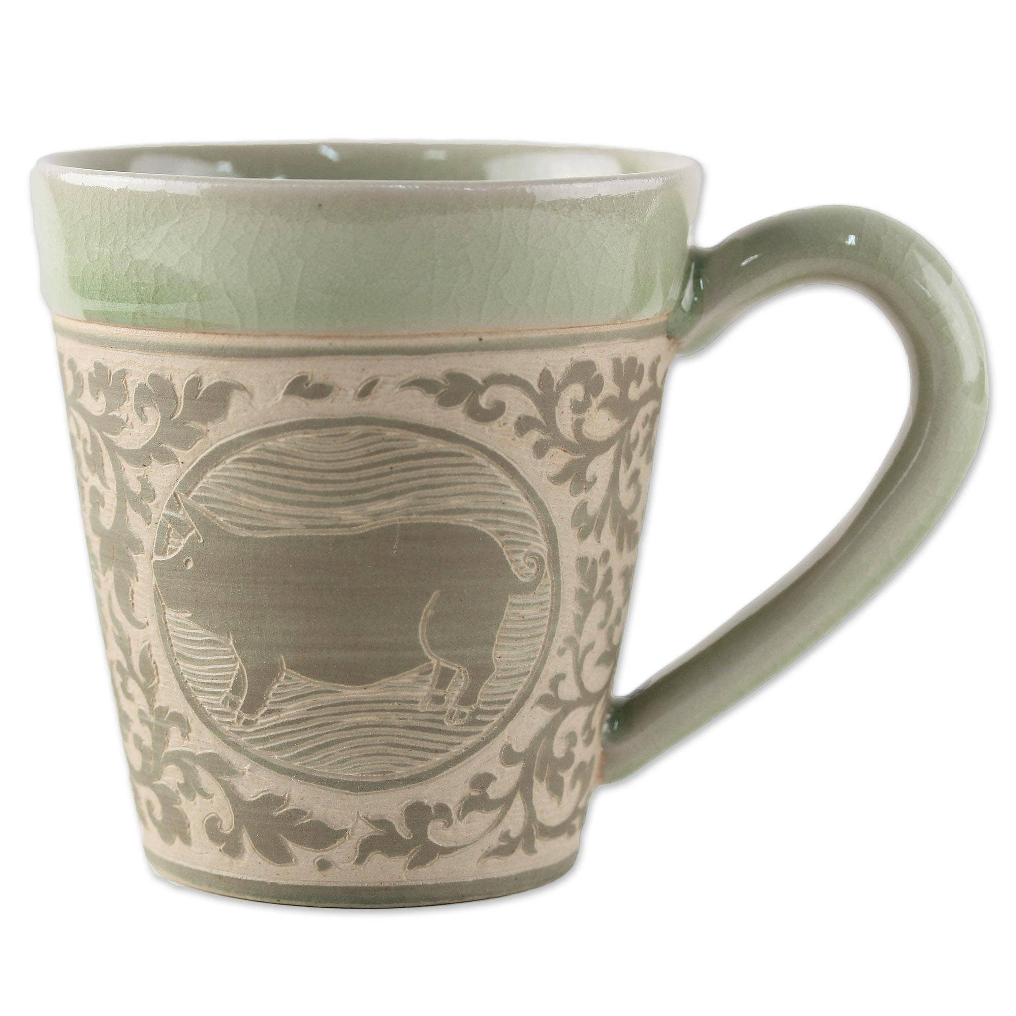 Handmade Thai Zodiac Pig Celadon Ceramic Mug Thailand