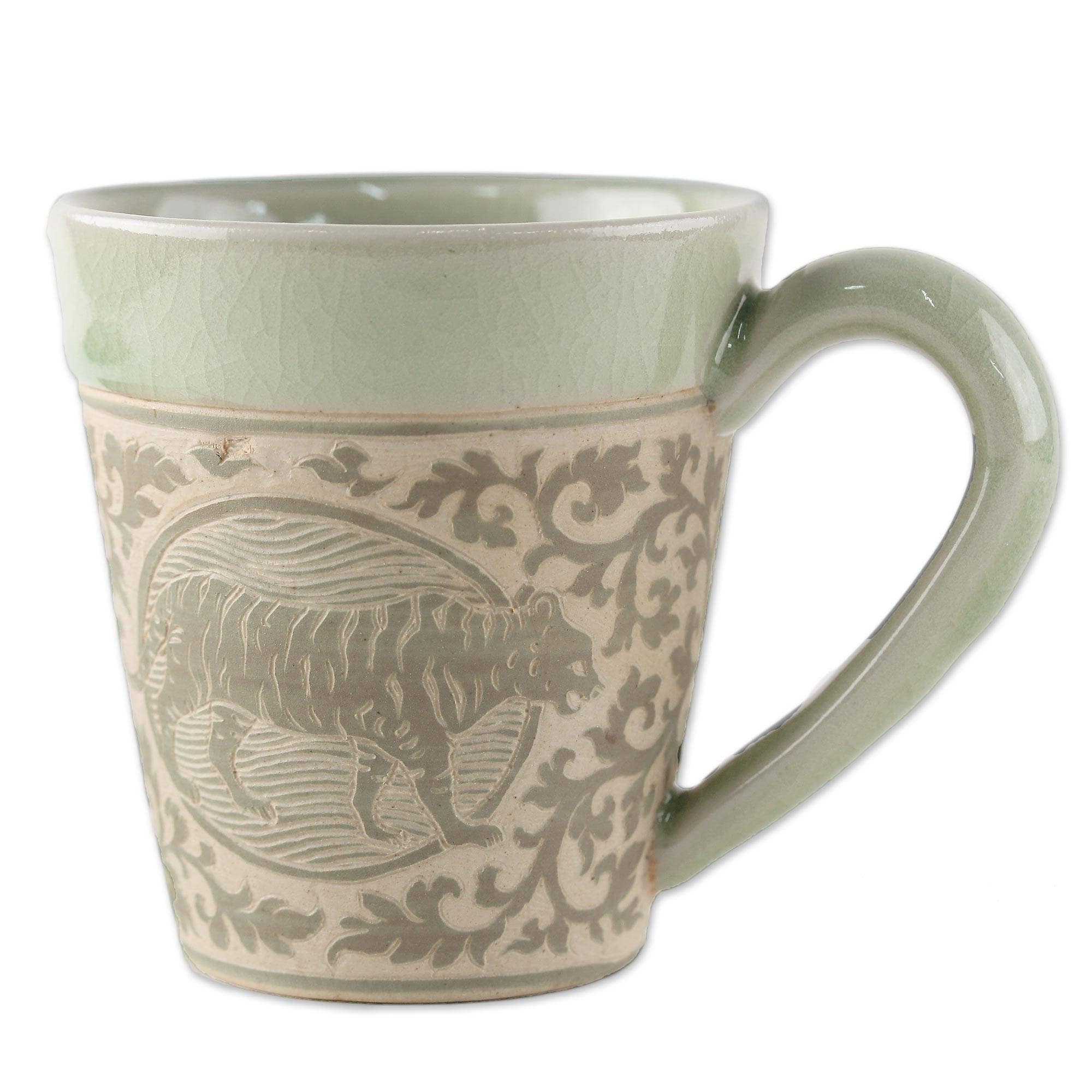 Handmade Thai Zodiac Tiger Celadon Ceramic Mug Thailand