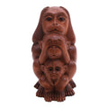 Handmade Three Monkey Sages In Brown Wood Statuette Indonesia 7 H X 3.7 W X 4.9 D