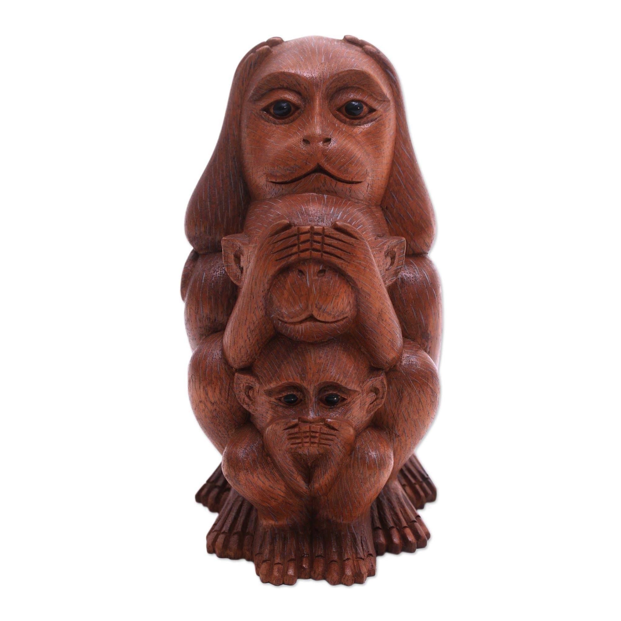 Handmade Three Monkey Sages In Brown Wood Statuette Indonesia 7 H X 3.7 W X 4.9 D