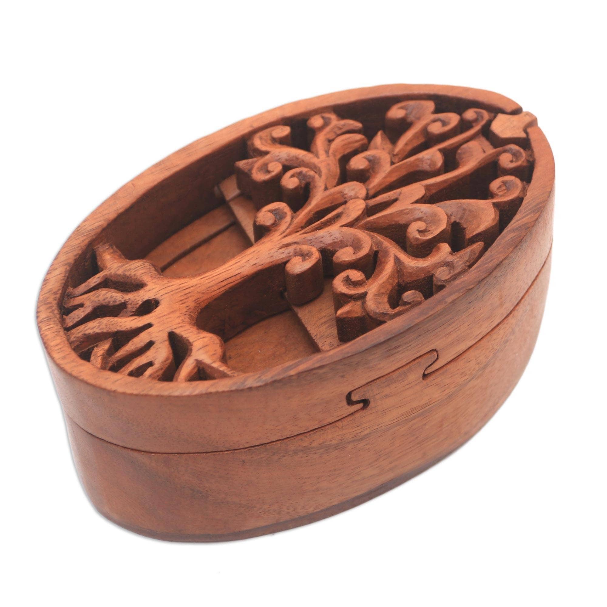 Handmade Tree Oval Wood Puzzle Box Indonesia 2.6 H X 3.1 W X 5.5 D