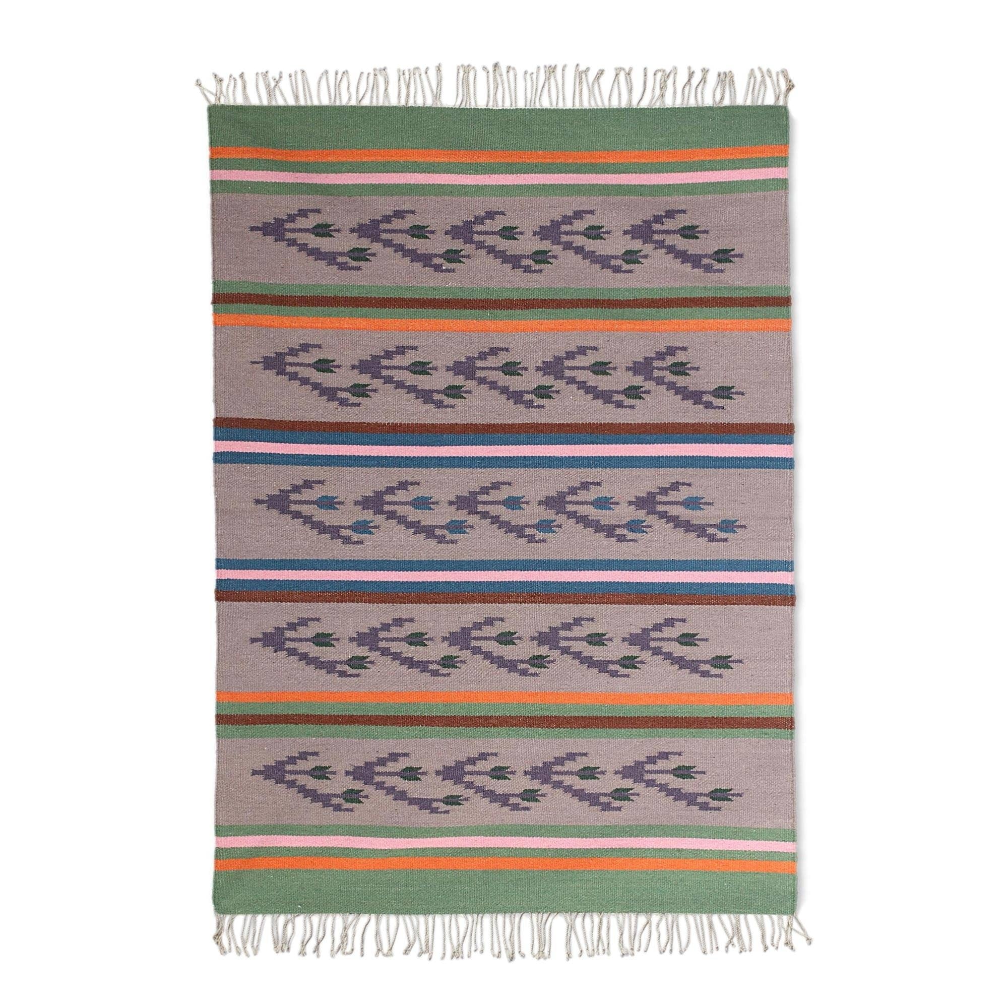Handmade Tulip Breeze Wool Dhurrie Rug India Big