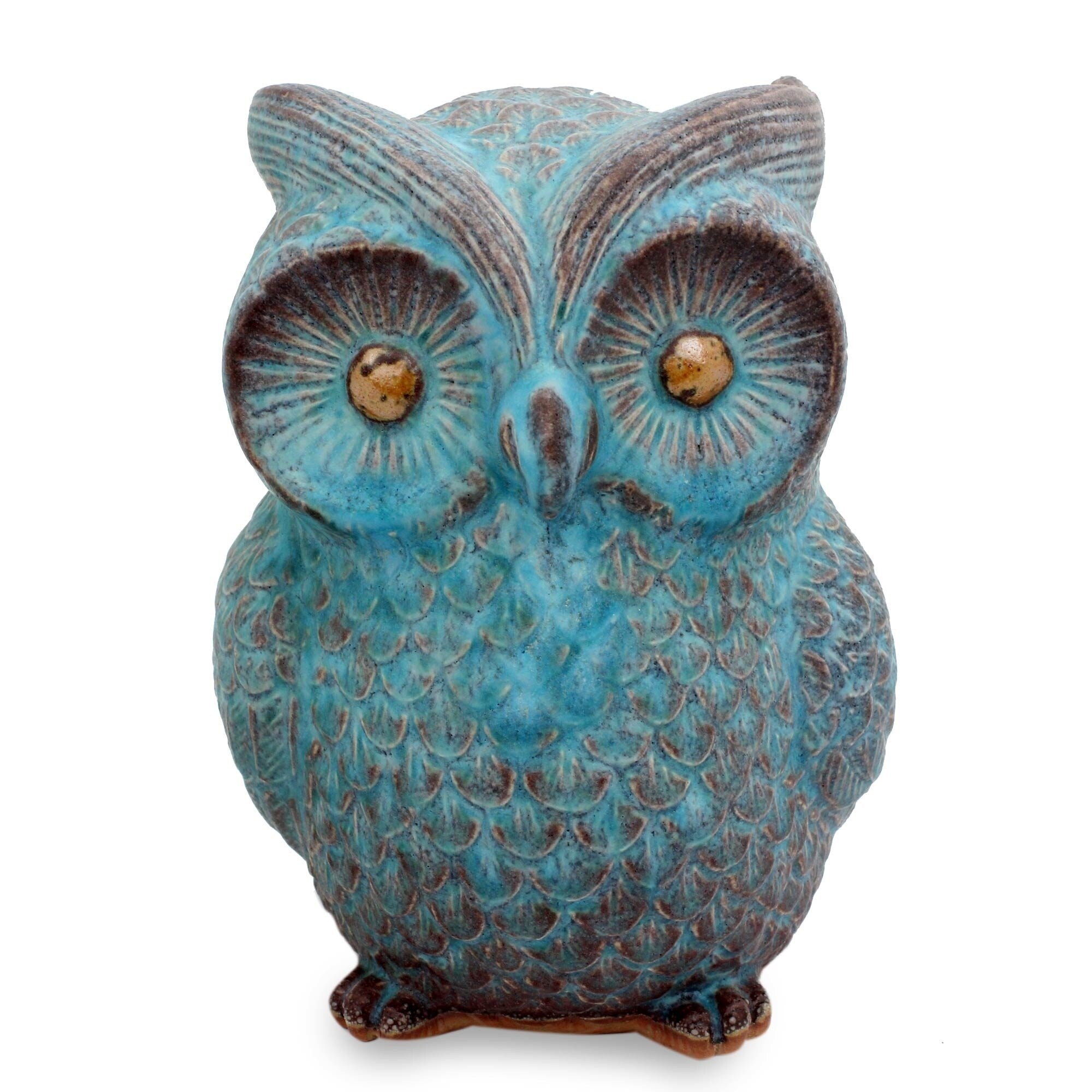Handmade Turquoise Blue Wise Owl Ceramic Statuette Thailand