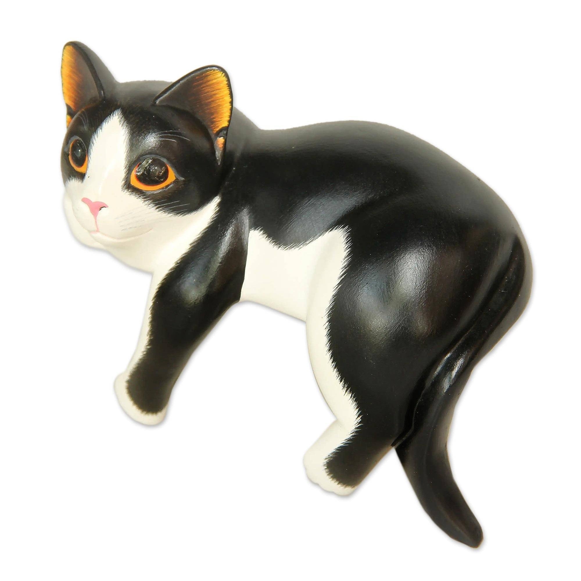 Handmade Tuxedo Cat Relaxes Wood Sculpture Indonesia 4.7 H X 6 W X 3.5 D