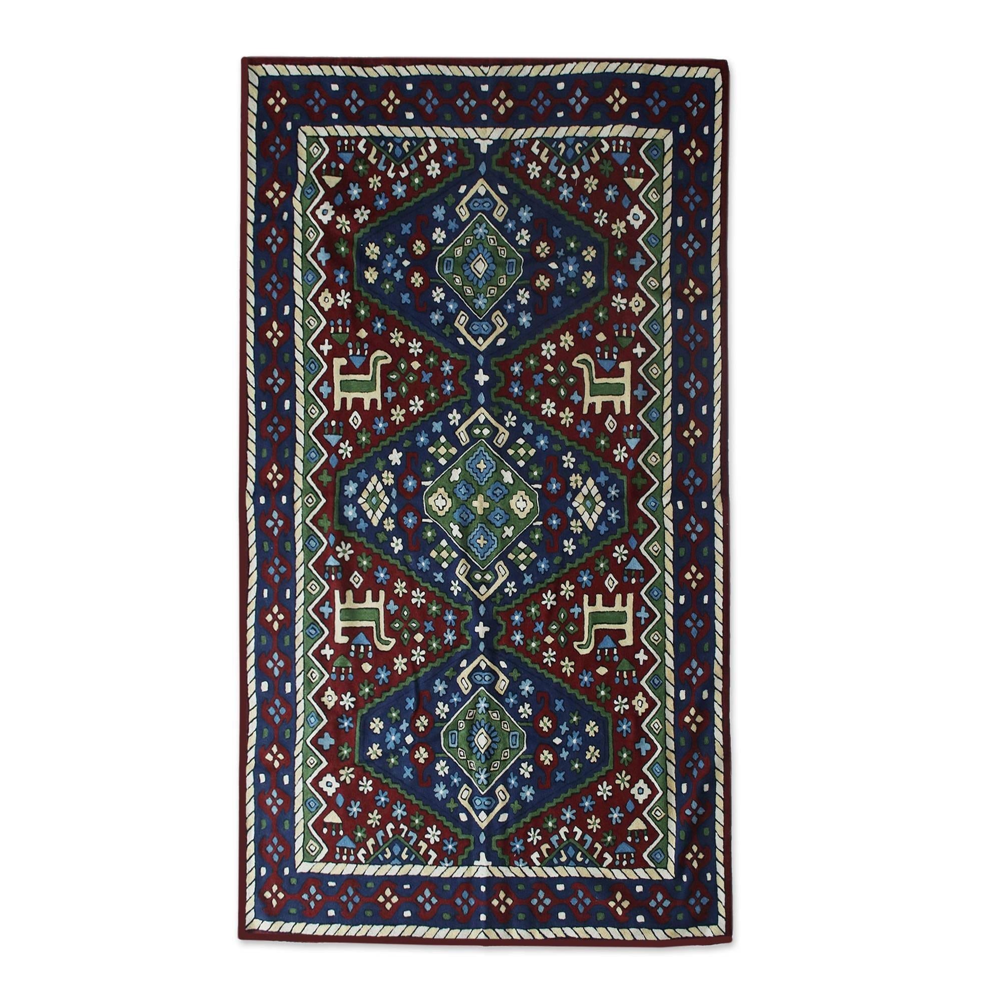 Handmade Valley Of Peace Wool Chain Stitch Rug India Big