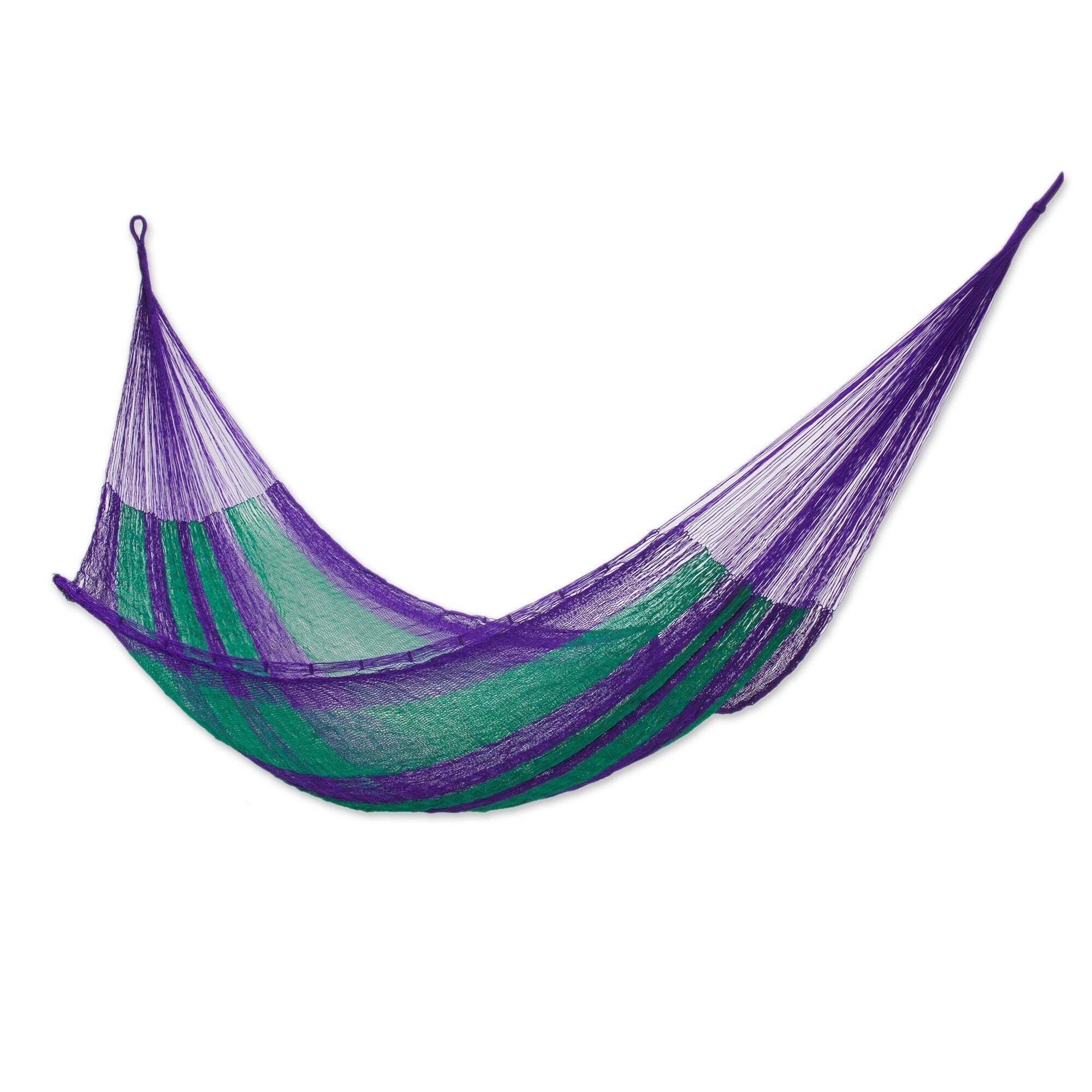 Handmade Vineyard Outdoor Garden Patio Pool Green Purple Stripe Durable Unique Knotted Rope Style Nylon Hammock Mexico