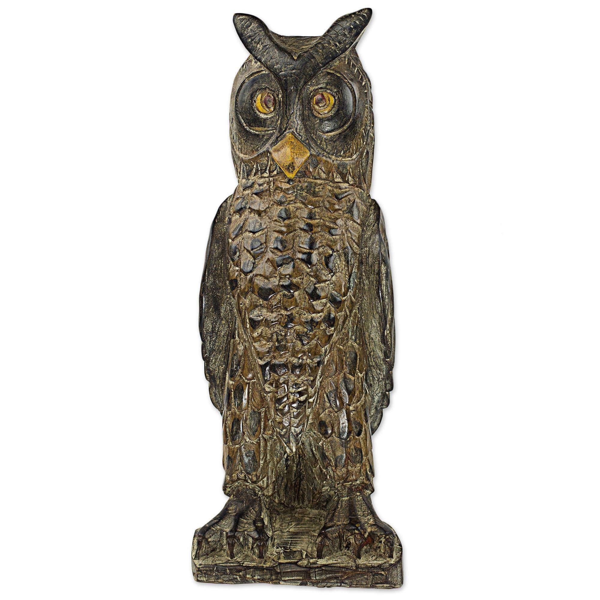 Handmade Watchful Owl Wood Sculpture Ghana 51 X 18 X 13
