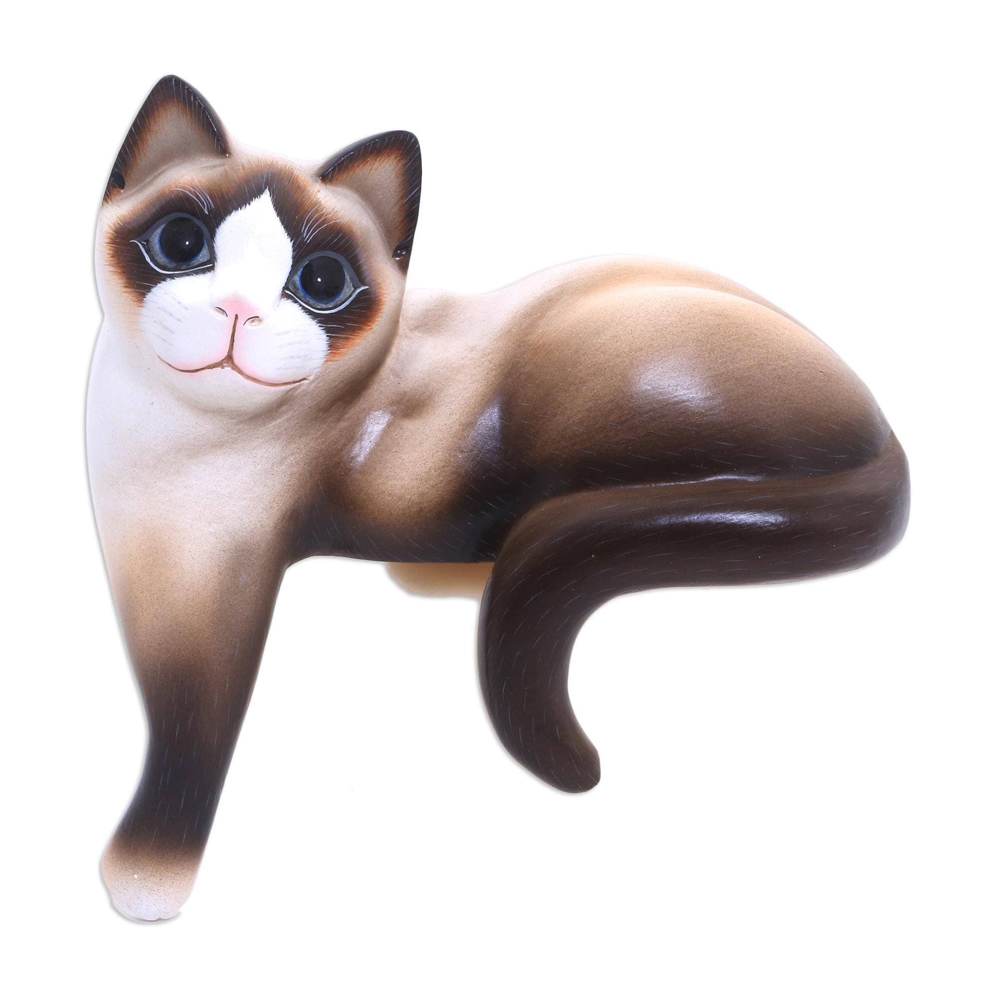 Handmade Wistful Kitty Wood Statuette Indonesia 26 X 26 X 15